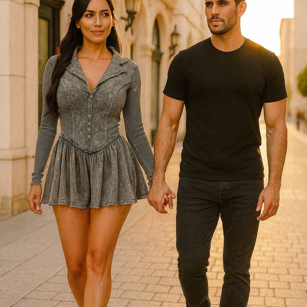 
                  
                    Man and woman walking together on a street. She is waring a skort dree.
                  
                