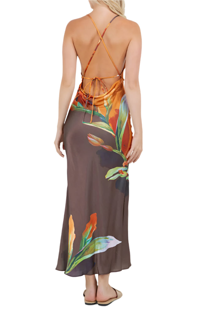 
                  
                    Woman wearing a floral dress with a brown base and orange straps on a white background
                  
                