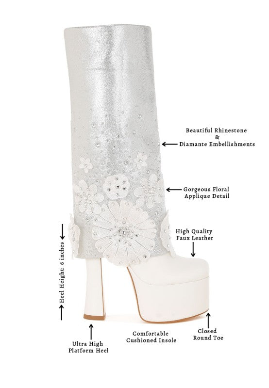 An annotated side view of the white 'Sundra' platform boot, detailing the ultra-high platform heel (6 inches), beautiful rhinestone and diamante embellishments, gorgeous floral applique, and high-quality faux leather. Available from CO-Wear in Denver, Colorado USA.