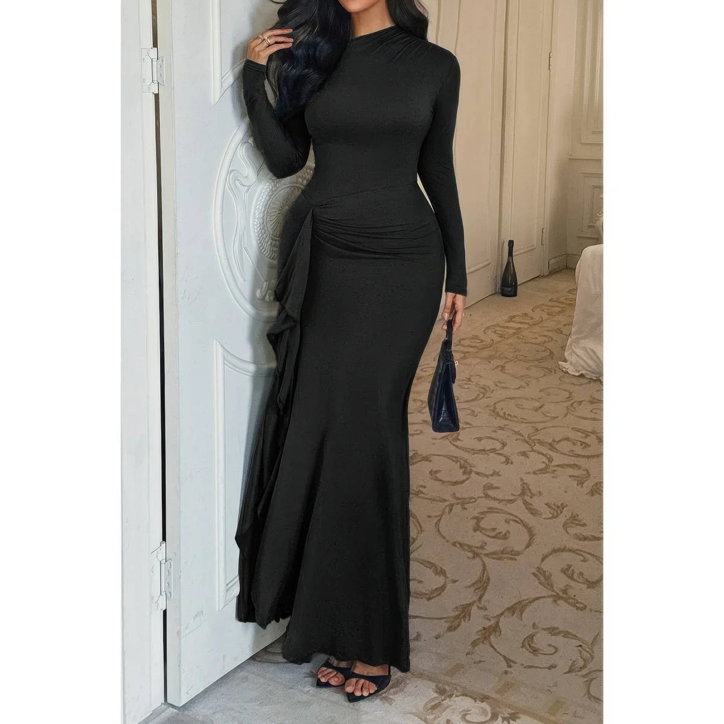 Curvy Slit Elegant Ruched Long Sleeve Dress (Black). Ruffle Detail Fitted Silhouette Mock Neck Formal Attire in Denver, Colorado USA.