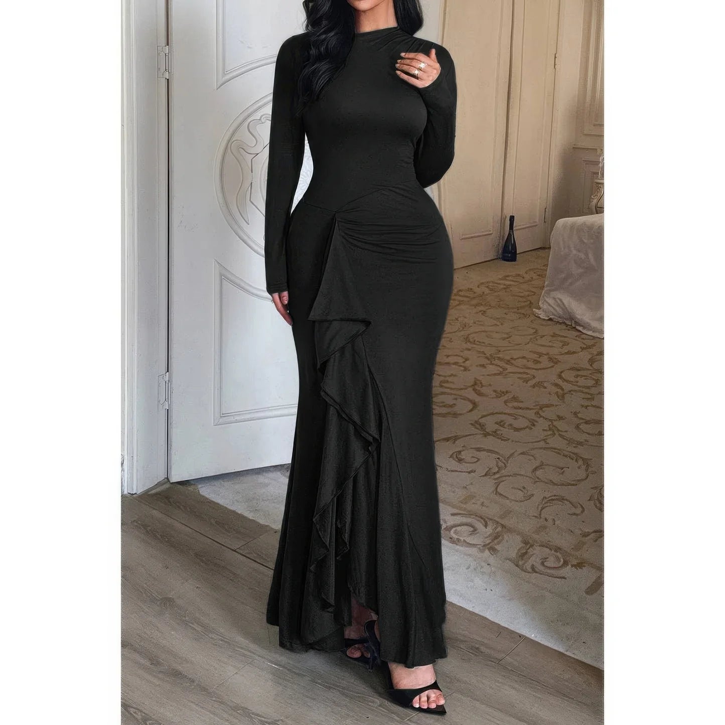 Curvy Slit Elegant Ruched Long Sleeve Dress (Black). Mock Neck Ruched Detail Long Sleeve Evening Wear in Denver, Colorado USA.