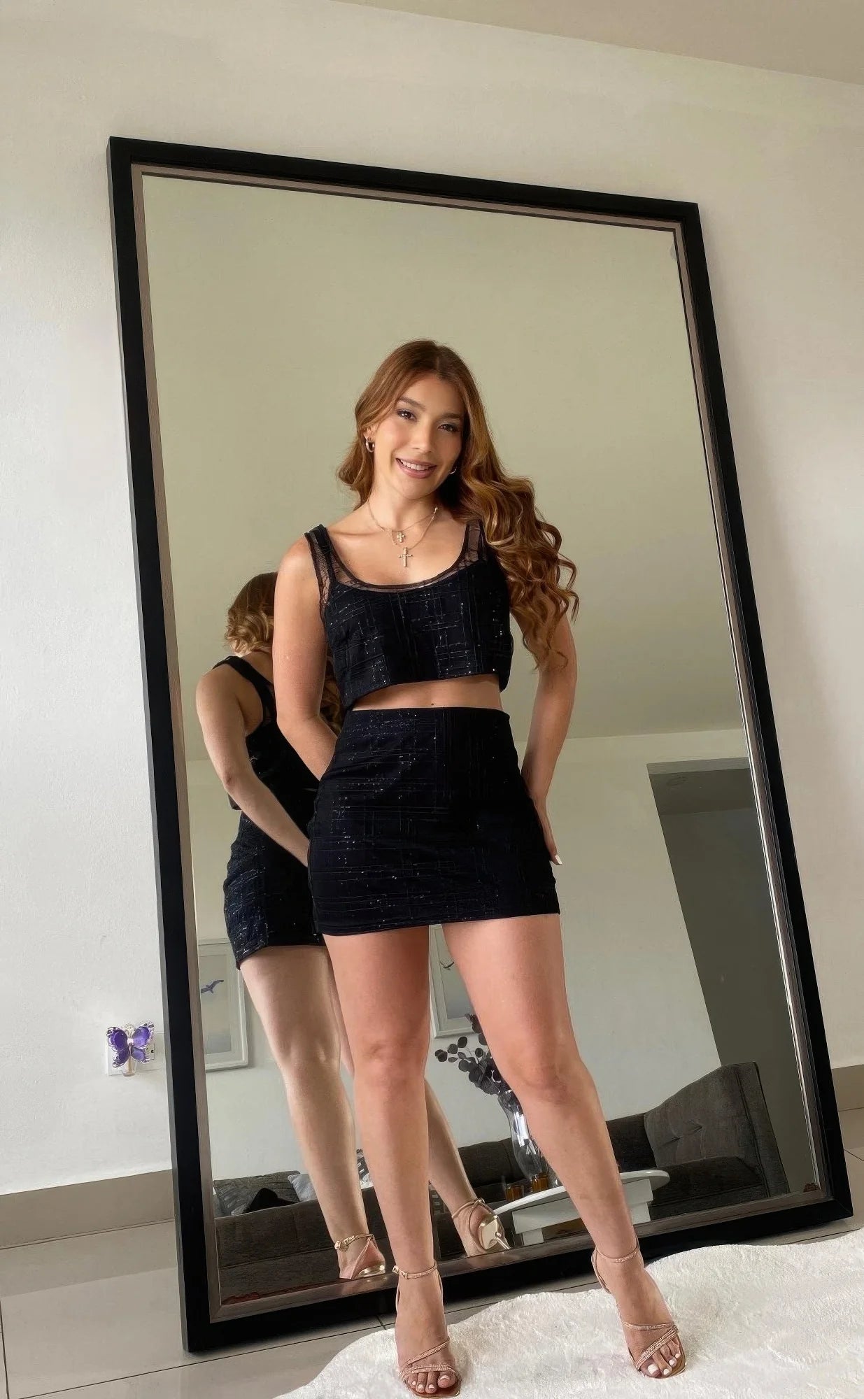 Black Sequin Detail Two Piece Set Crop And Skirt. Bodycon Glitter Two-Piece Co-ord Statement Look in Denver, Colorado USA.