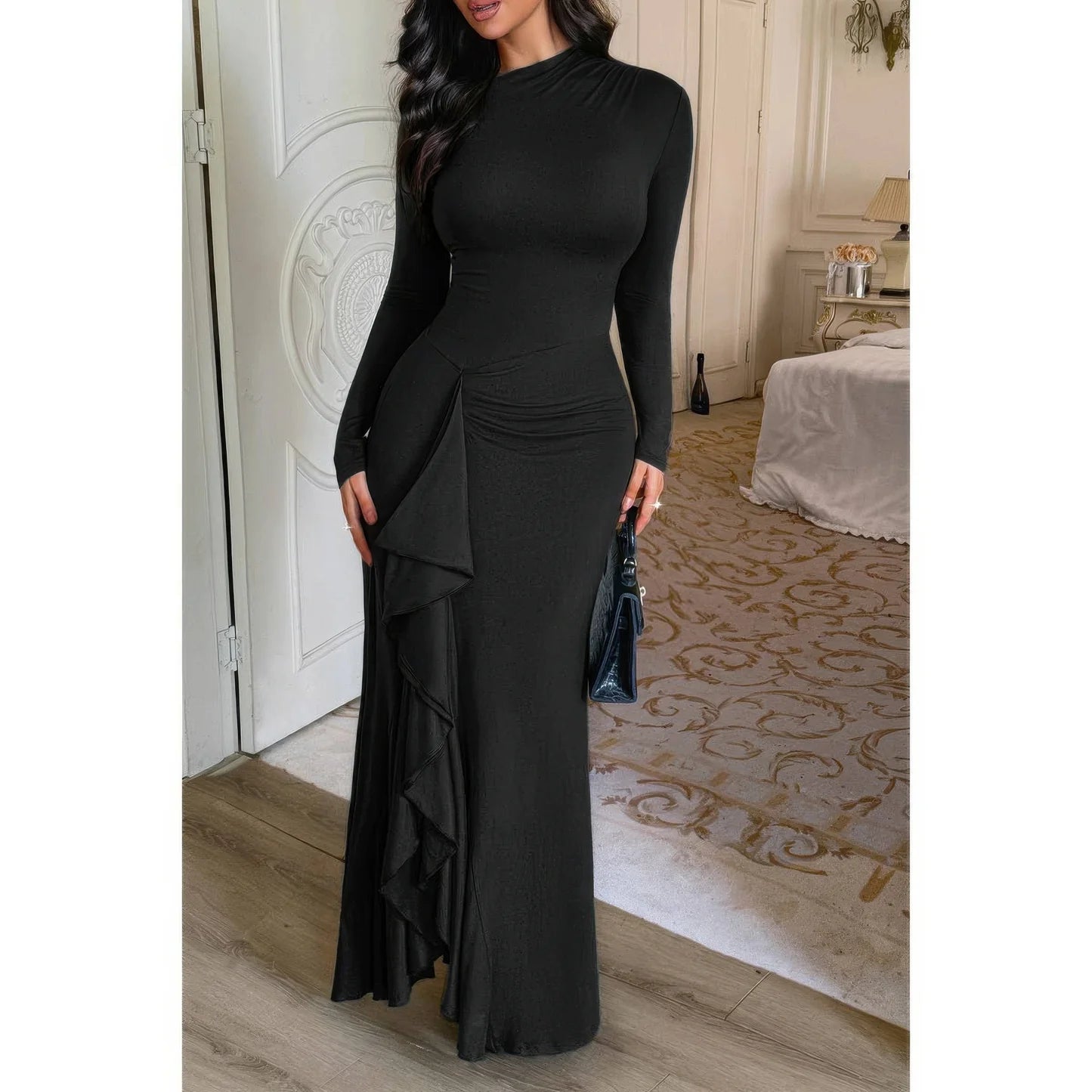 Curvy Slit Elegant Ruched Long Sleeve Dress (Black). Fitted Dress Long Sleeve High Slit Formal Attire in Denver, Colorado USA.