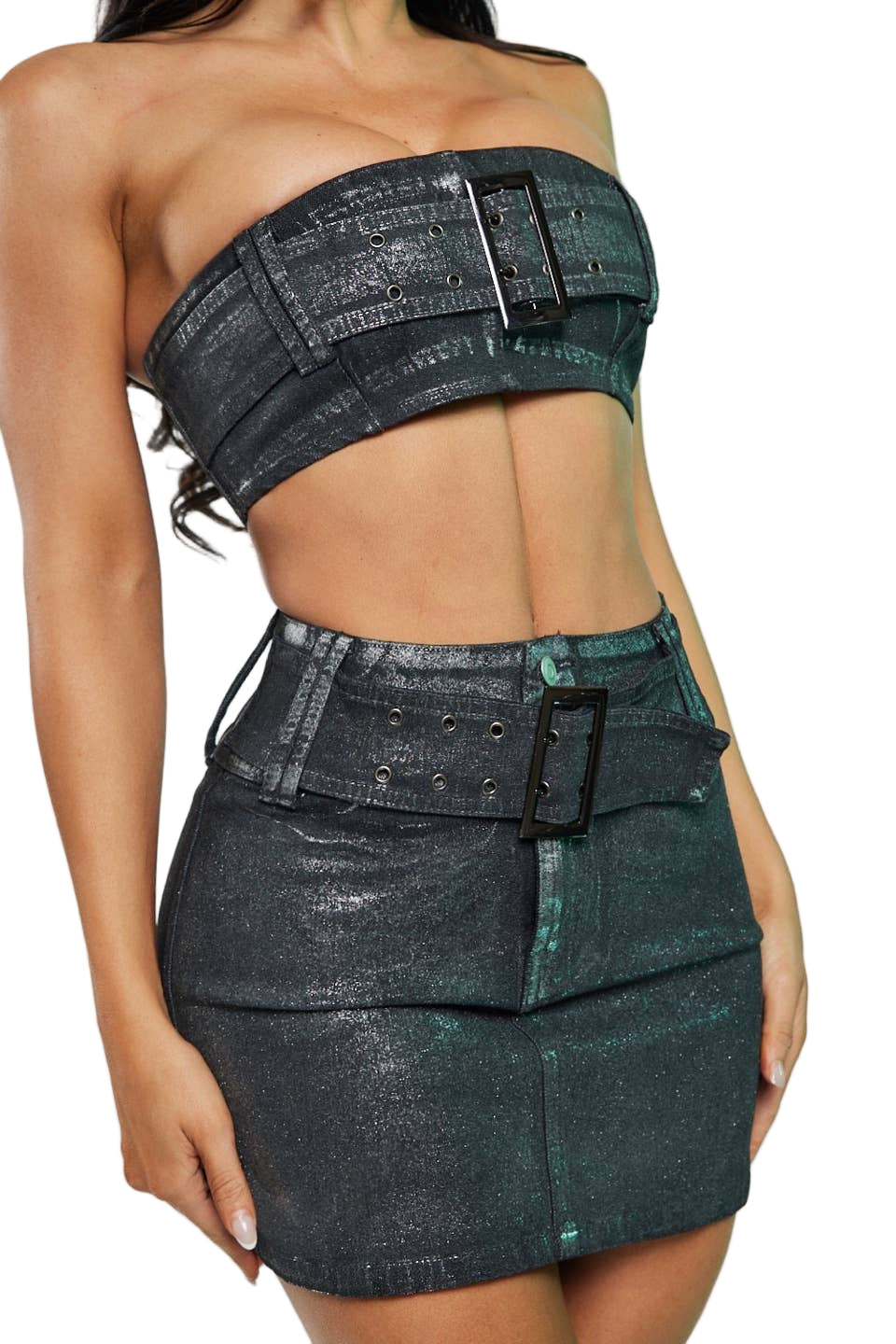 Black denim strapless top and skirt set on a plain background