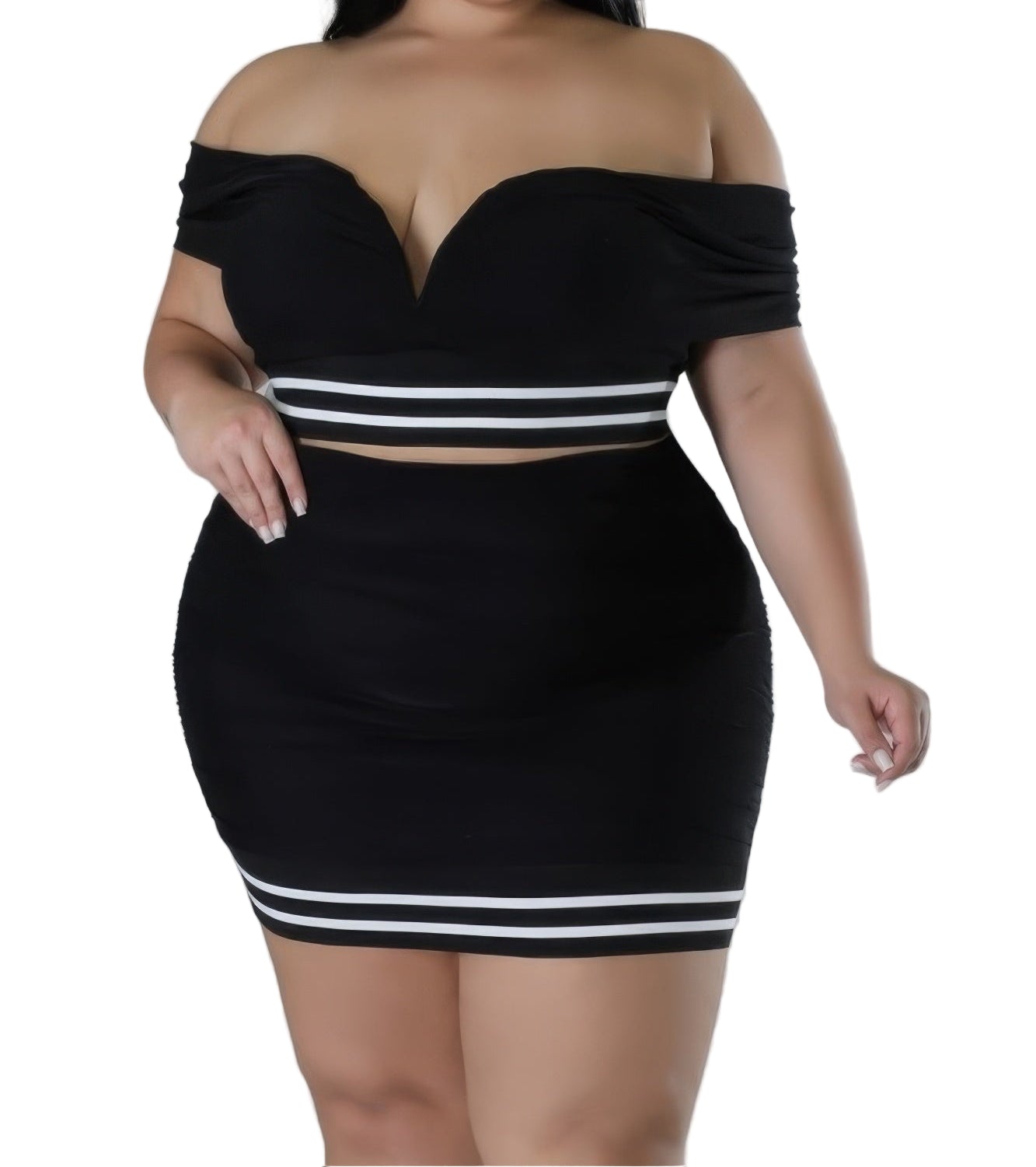 Woman wearing a black off-shoulder dress with white stripes on a gray background