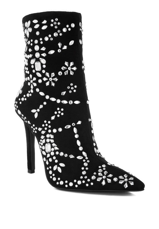 A close-up, low-angle view of the front of the black microfiber boot, showing the pointed toe box covered in a dense, intricate floral pattern of diamante embellishments. Available from CO-Wear in Denver, Colorado USA.