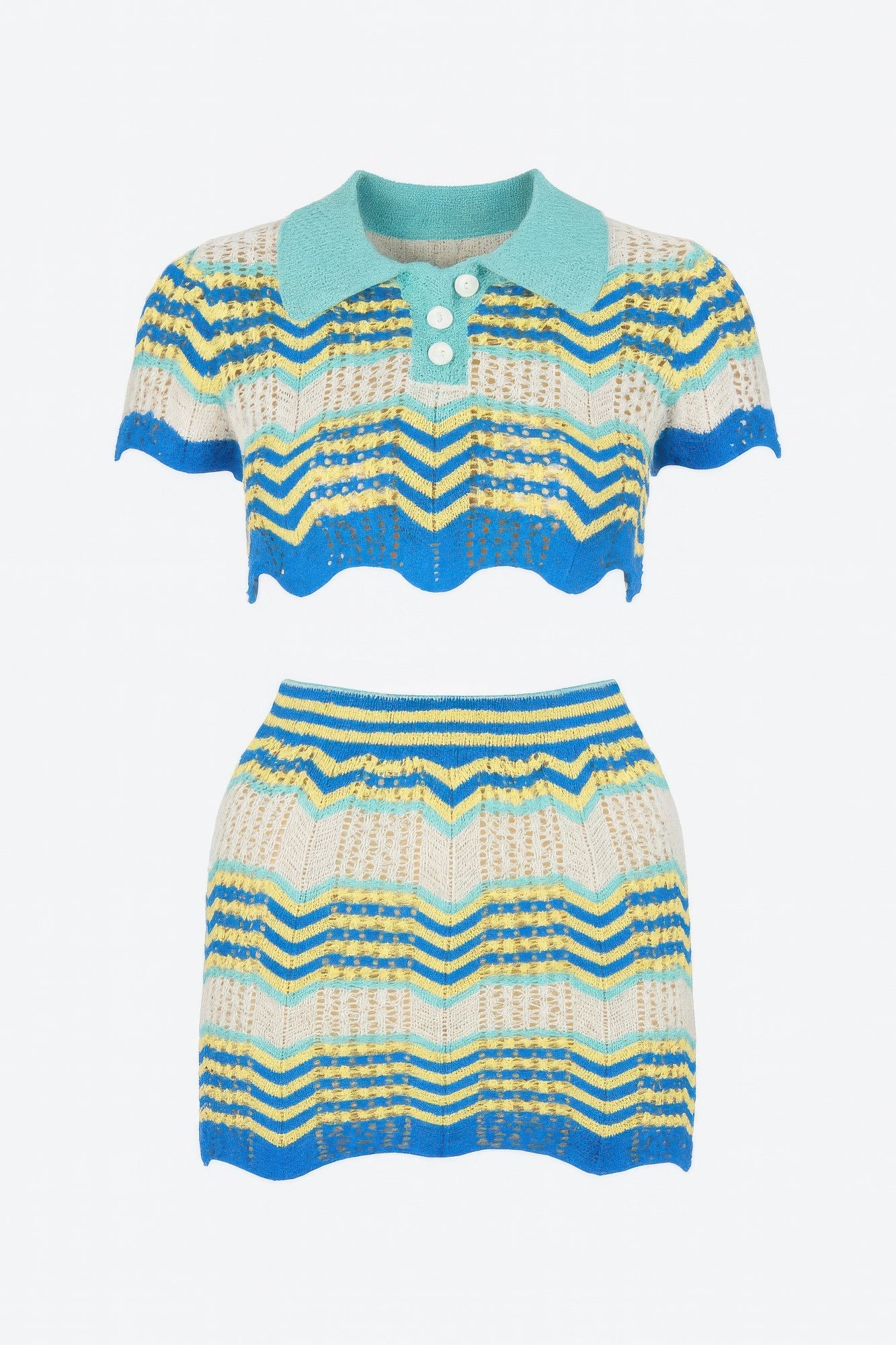 Studio product shot of the Zig Zag Crochet Two Piece Set, featuring a short-sleeve polo crop top and mini skirt with a wavy blue, yellow, and cream pattern. Denver, Colorado USA.