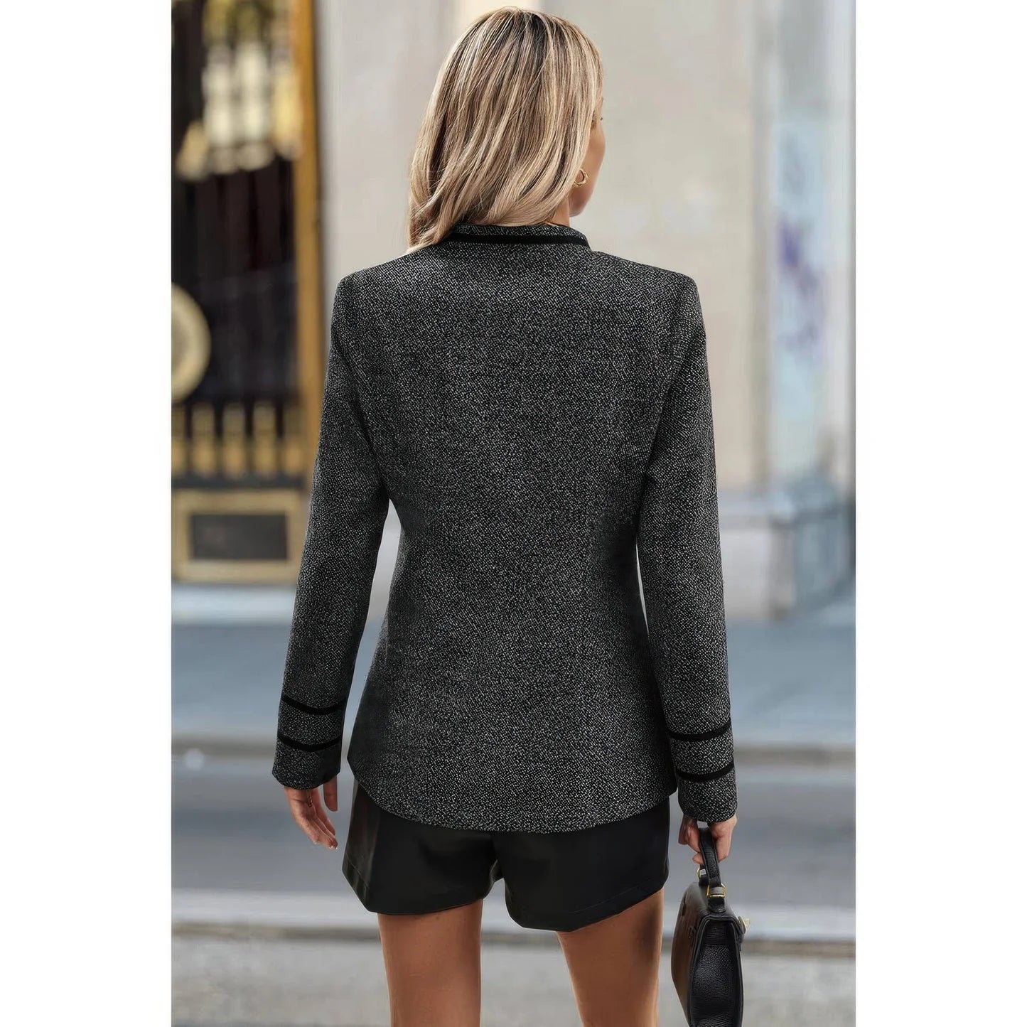 Solid Decorative Button Stand Collar Jacket. Statement Coat Structured Fit Decorative Gold Buttons Long Sleeve Blazer in Denver, Colorado USA.