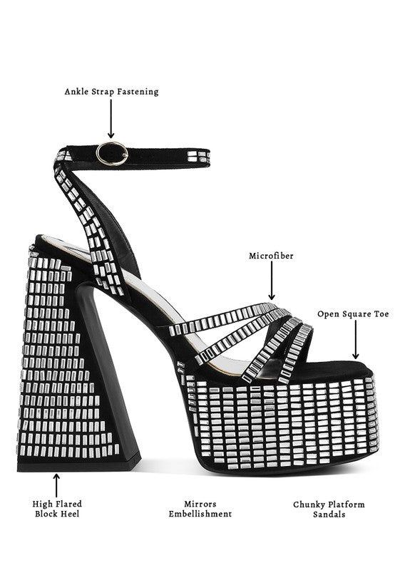A side profile image of the black mirror platform sandal with feature callouts, including the High Flared Block Heel, Chunky Platform Sandals, Mirrors Embellishment, Microfiber material, Open Square Toe, and Ankle Strap Fastening. Available from CO-Wear in Denver, Colorado USA.