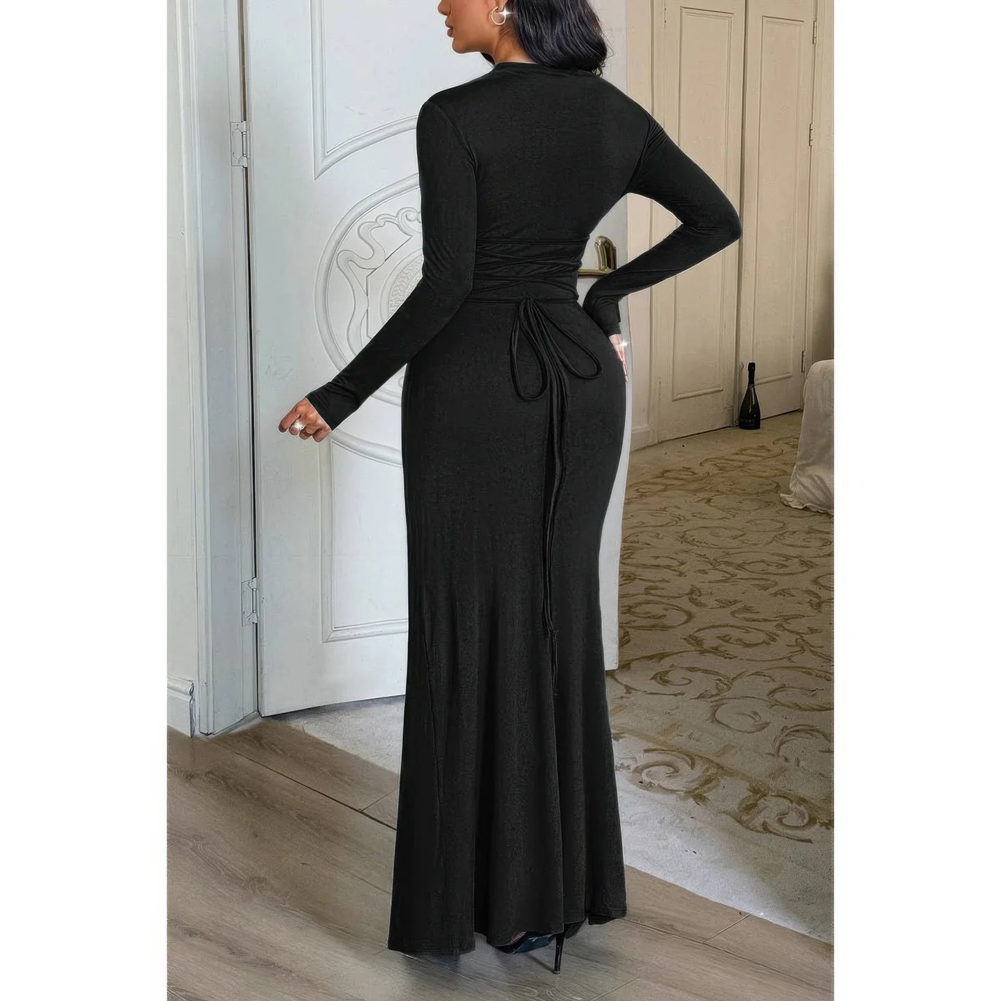 Curvy Slit Elegant Ruched Long Sleeve Dress (Black). Fitted Maxi Mock Neck Evening Attire Ruched Detail in Denver, Colorado USA.
