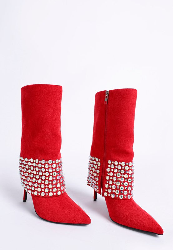 A pair of bright red suede stiletto boots, viewed from the front, with the shafts folded down to reveal rows of iridescent diamante studs around the ankle. They feature a pointed toe and a side zipper. Available from CO-Wear in Denver, Colorado USA.