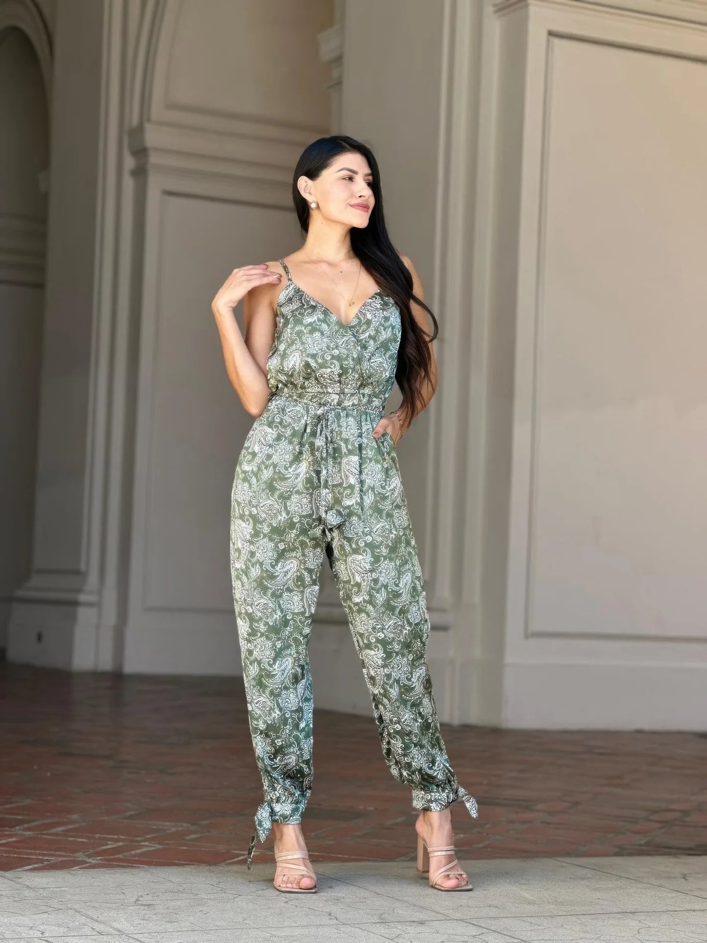 V Neck Sleeveless Paisley Jumpsuit With Tie Waist (Green). Spaghetti Straps One-Piece Comfortable Fit Resort Style in Denver, Colorado USA.