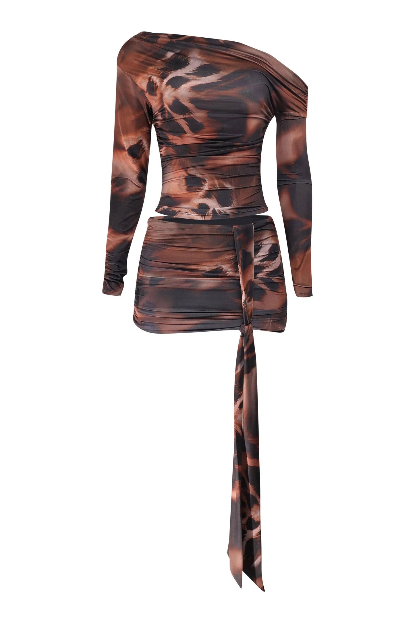 Matching mini skirt set. Off-Shoulder Top Leopard Print Ruched Mesh Tie Detail in Denver, Colorado USA.