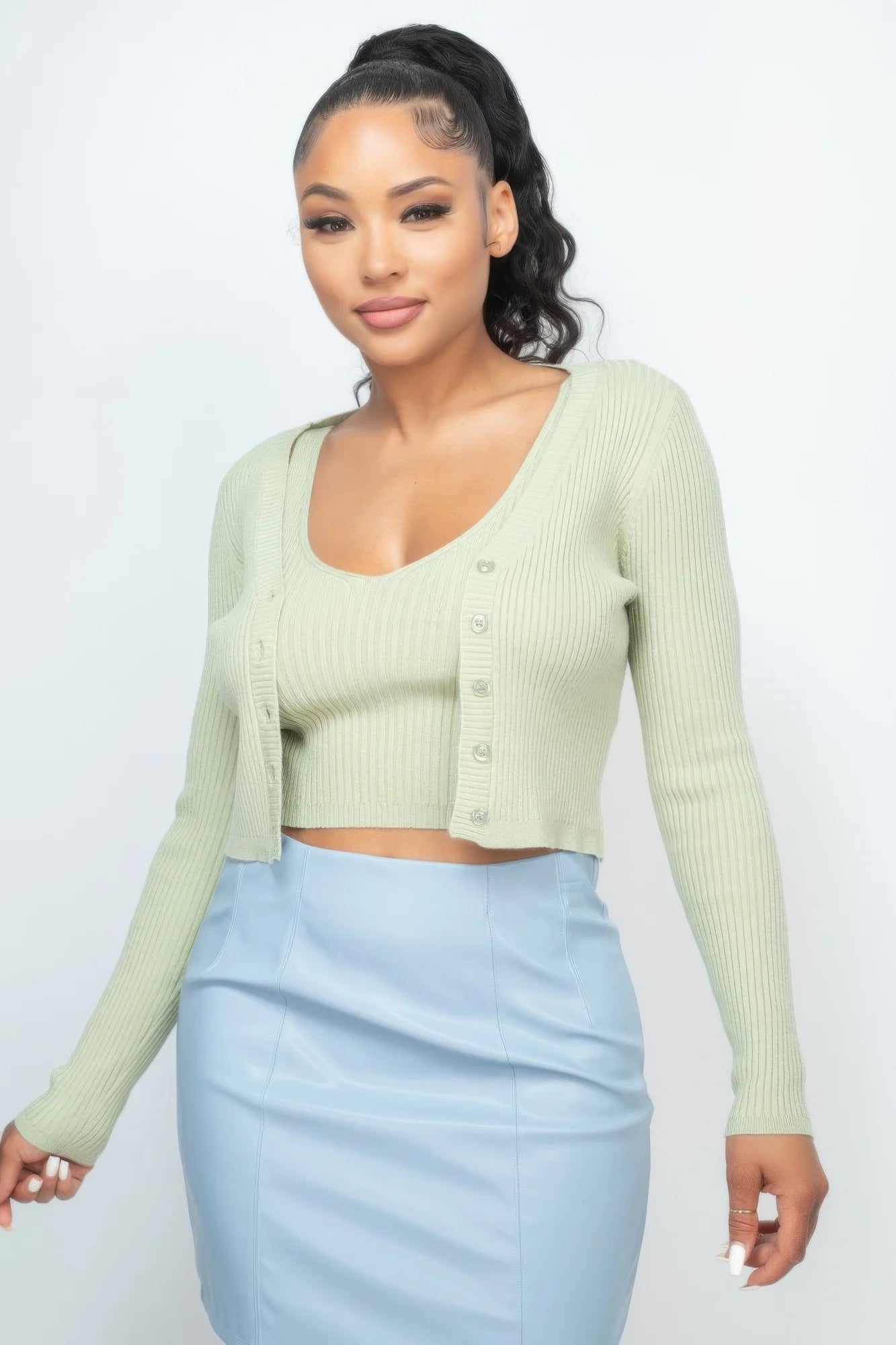 Crop Tank Top & Cardigan Sweater Set. Ribbed Knit Sage Green Two-Piece Set Long Sleeve Cardigan in Denver, Colorado USA.