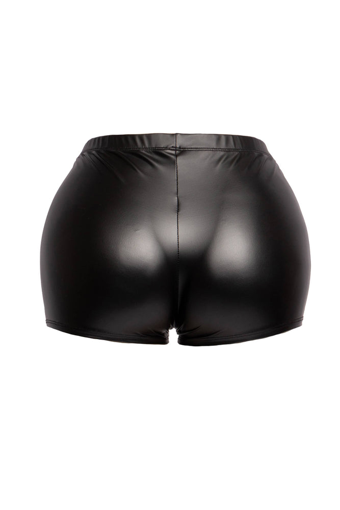 The back view of a pair of black, fitted shorts with a matte, possibly faux leather, appearance is displayed against a white background. The shorts are smooth and highlight the form of the glutes.