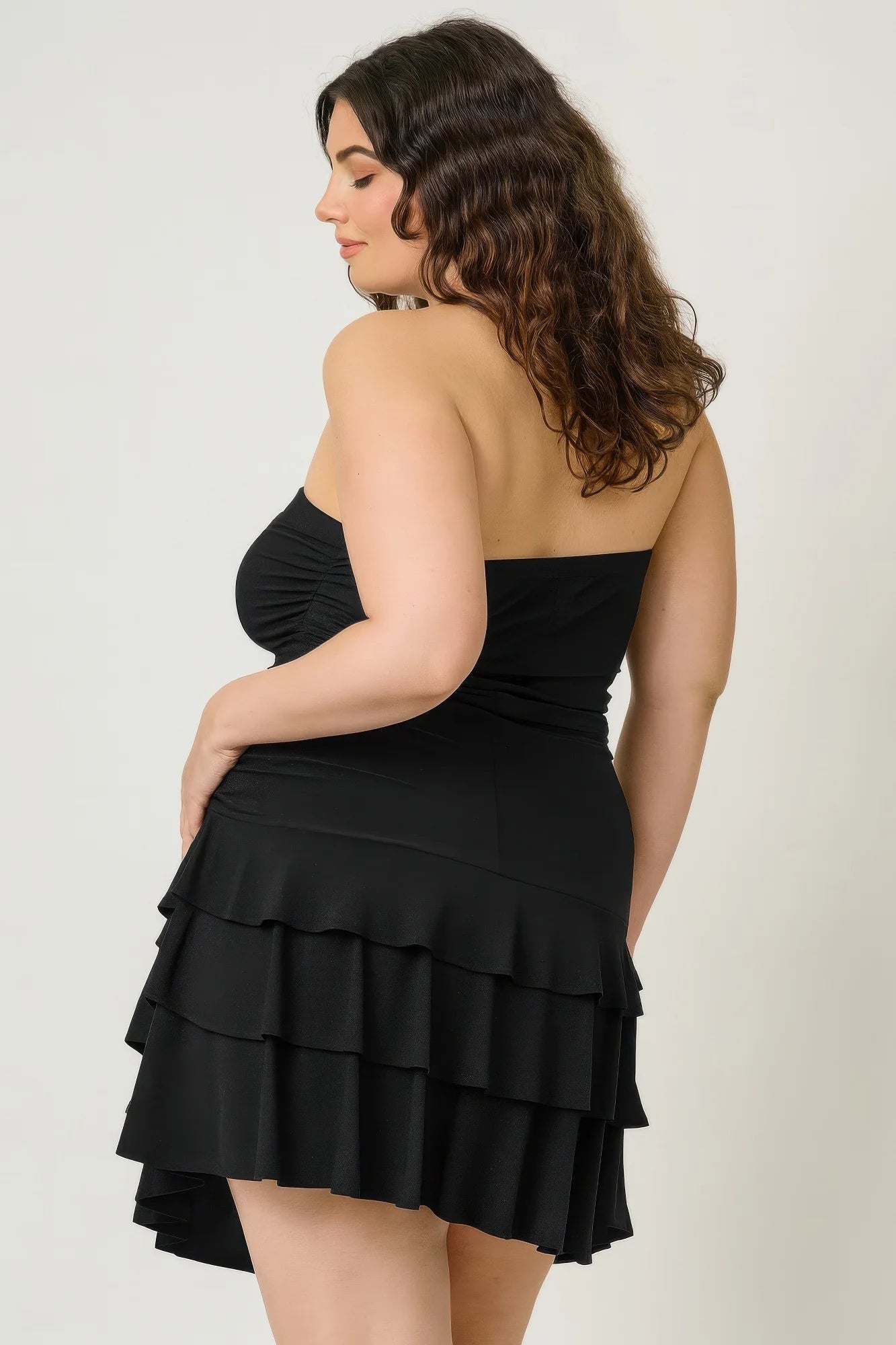 Plus Size Strapless Tiered Ruffle Dress (Black). Tube Top Tiered Skirt Club Wear Curve Fit in Denver, Colorado USA.