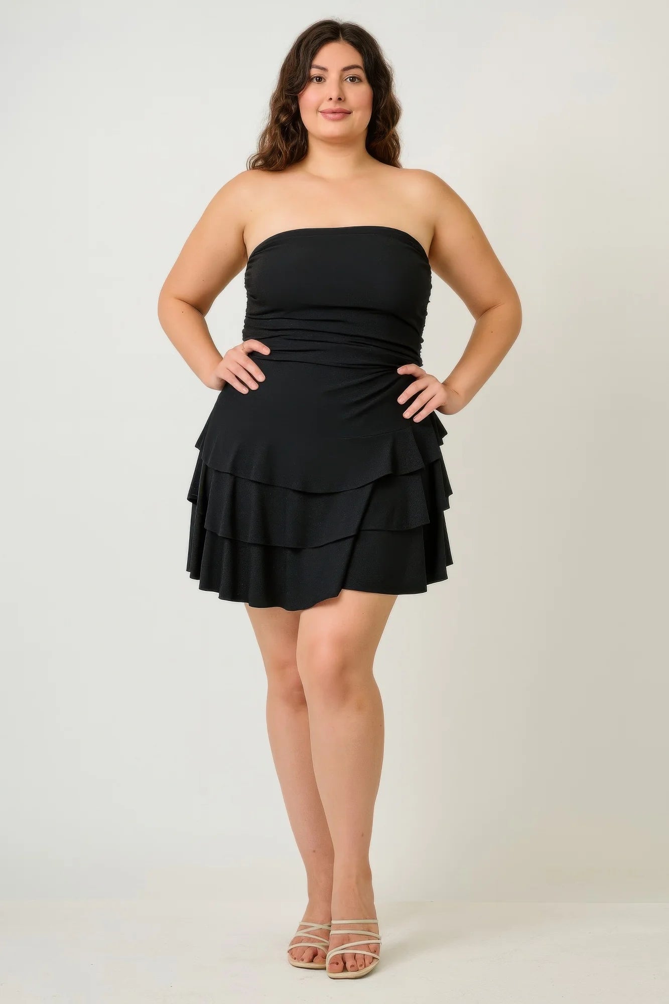 Plus Size Strapless Tiered Ruffle Dress (Black). Tube Top Party Dress Ruffled Skirt Night Out in Denver, Colorado USA.