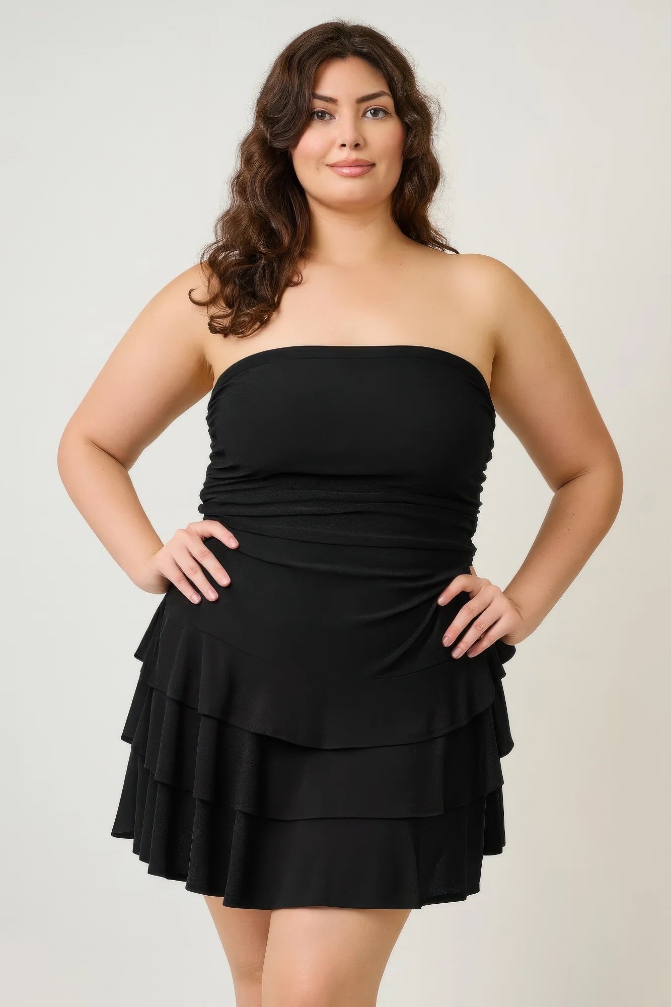 Plus Size Strapless Tiered Ruffle Dress (Black). Black Mini Tube Top Party Wear Curve Fit in Denver, Colorado USA.