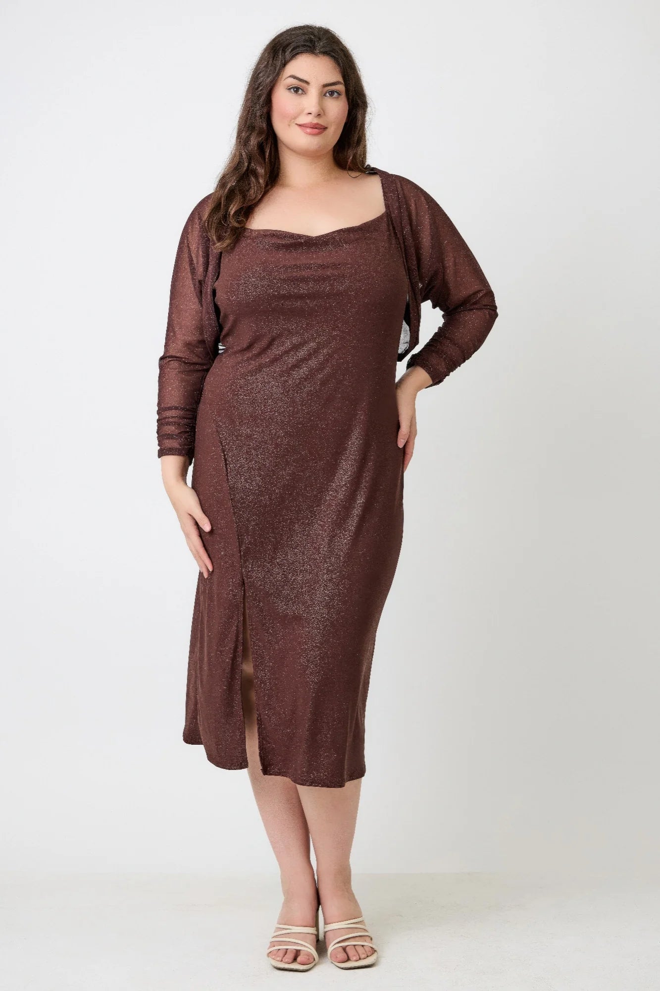 Plus Shimmer Midi Dress With Front Slit Dress Only (Brown). Cowl Neckline Fitted Front Slit Evening Wear in Denver, Colorado USA.