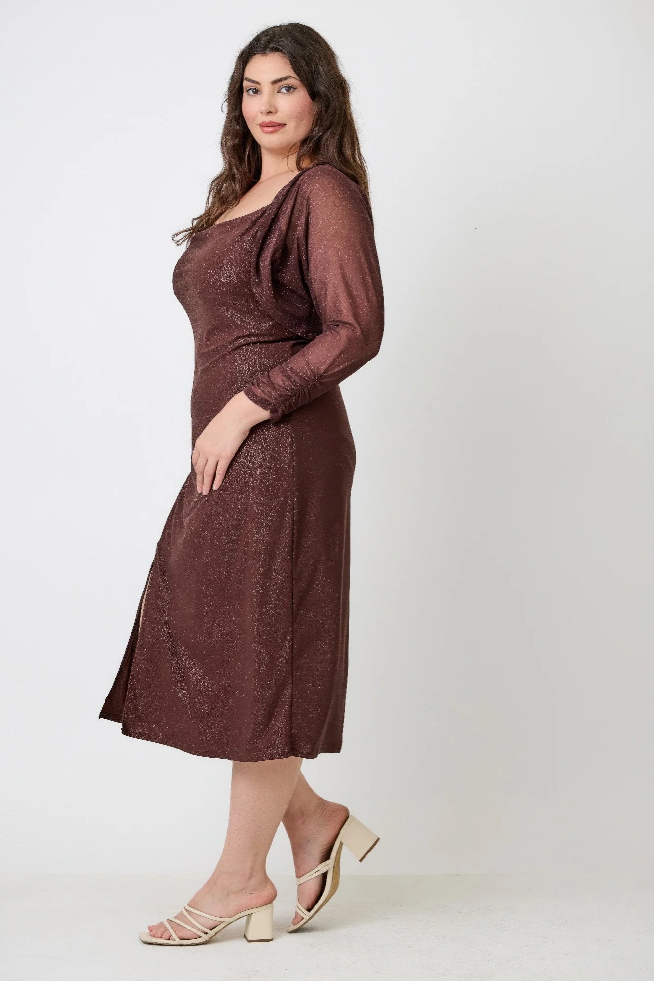 Plus Shimmer Midi Dress With Front Slit Dress Only (Brown). Glitter Fabric Cowl Neck Fitted Dress Evening Slit in Denver, Colorado USA.