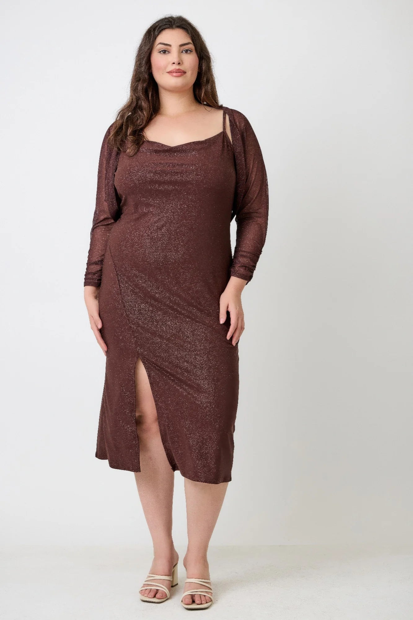 Plus Shimmer Midi Dress With Front Slit Dress Only (Brown). Cowl Neck Long Sleeve Shrug Holiday Wear Curve Fit in Denver, Colorado USA.
