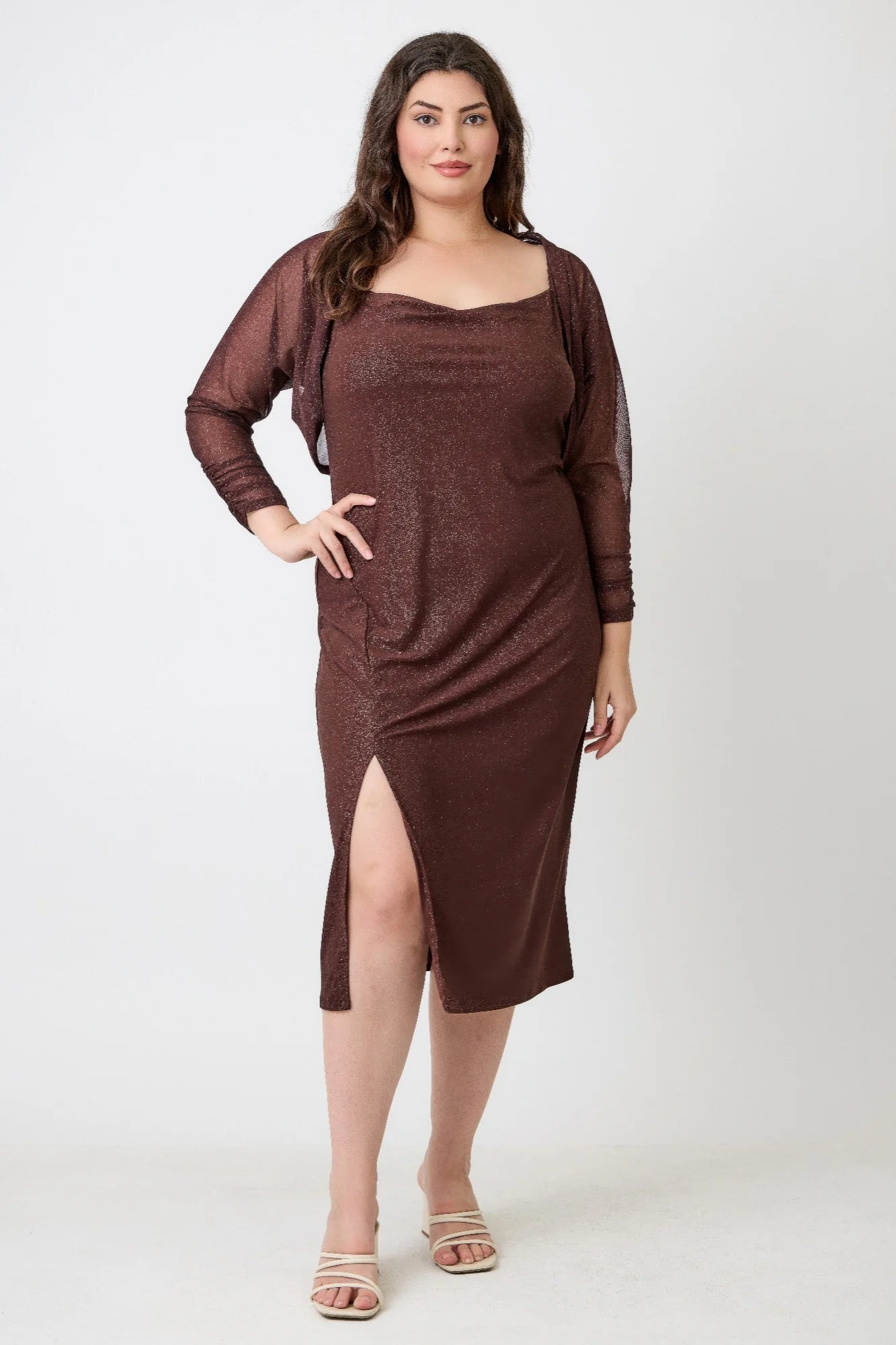 Plus Shimmer Midi Dress With Front Slit Dress Only (Brown). Holiday Party Long Sleeve Shimmer Fabric Evening Slit in Denver, Colorado USA.