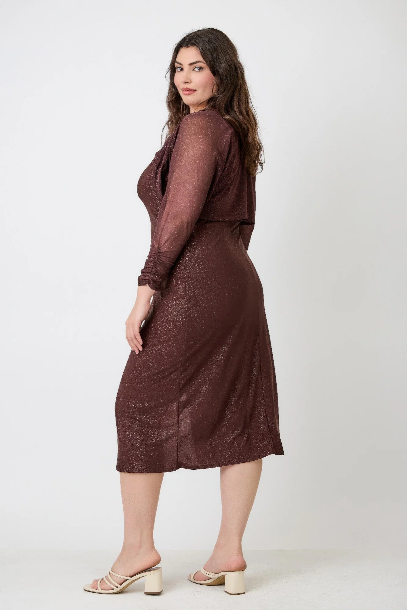 Plus Shimmer Midi Dress With Front Slit Dress Only (Brown). Cowl Neck Long Sleeve Shrug Shimmer Fabric Bodycon in Denver, Colorado USA.