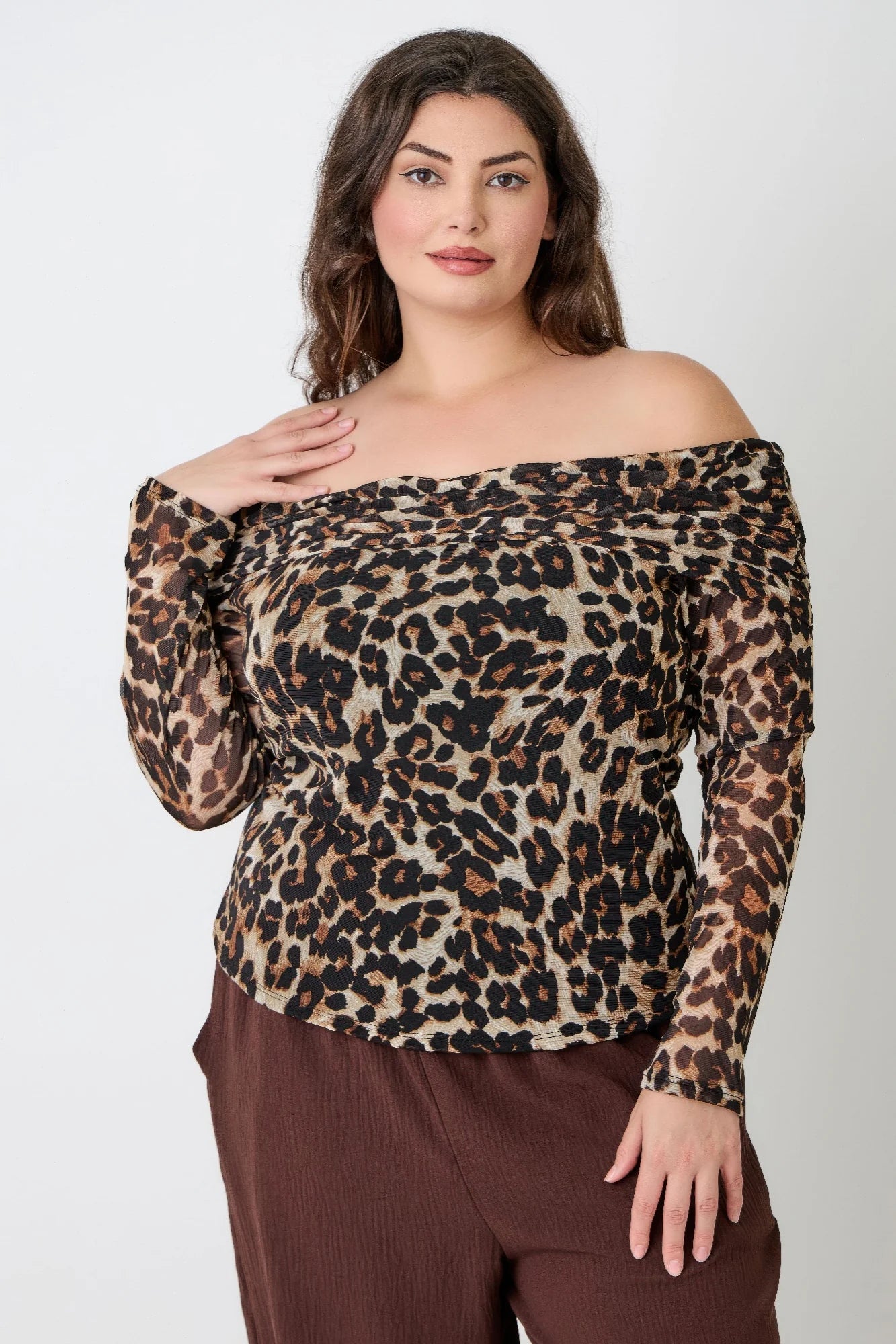 Plus Size Leopard Print Off-the-shoulder Blouse. Curve Fashion Animal Print Long Sleeve Mesh Ruched Detail in Denver, Colorado USA.