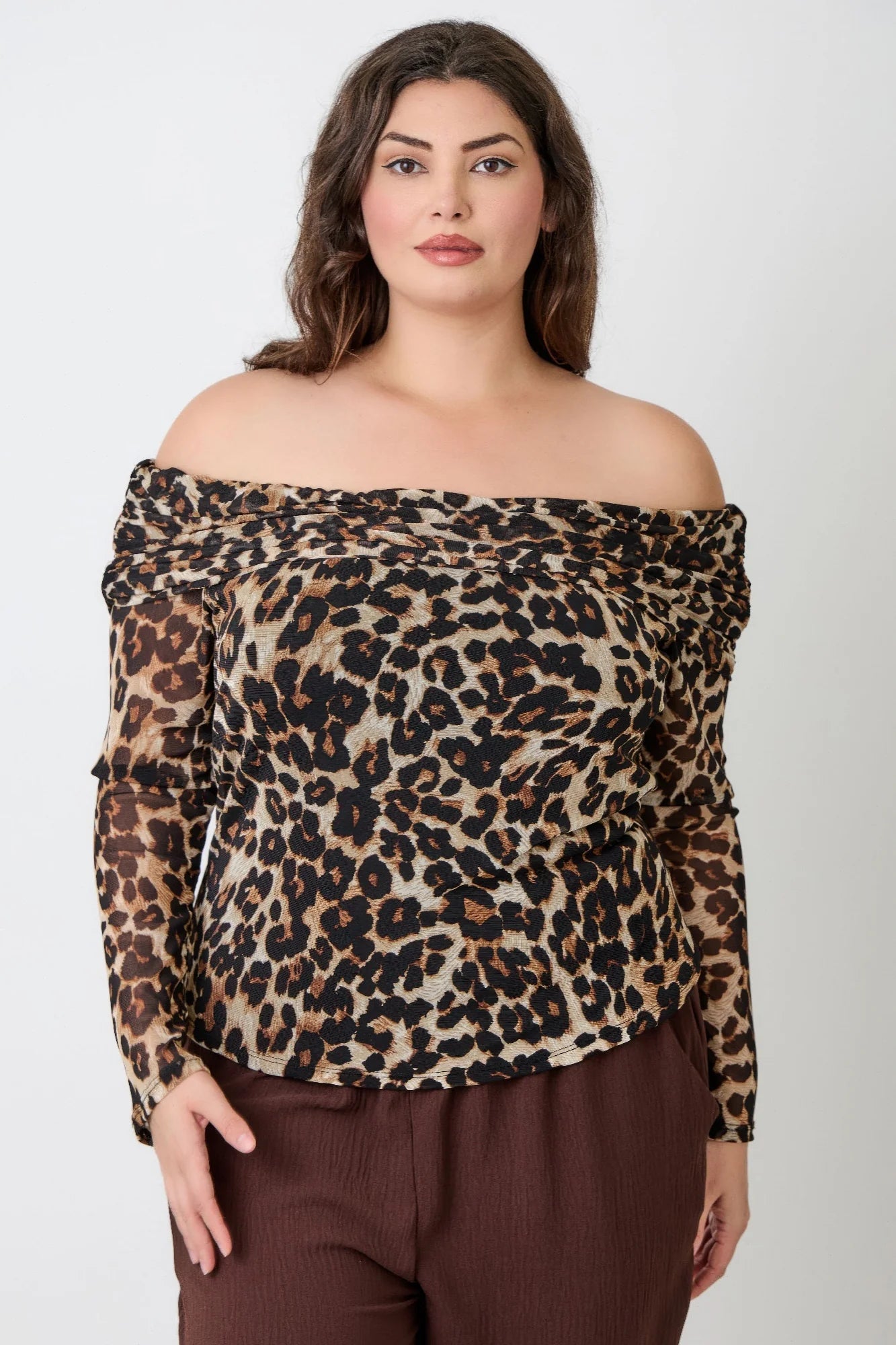 Plus Size Leopard Print Off-the-shoulder Blouse. Animal Pattern Long Sleeve Comfortable Fit Ruched Detail in Denver, Colorado USA.