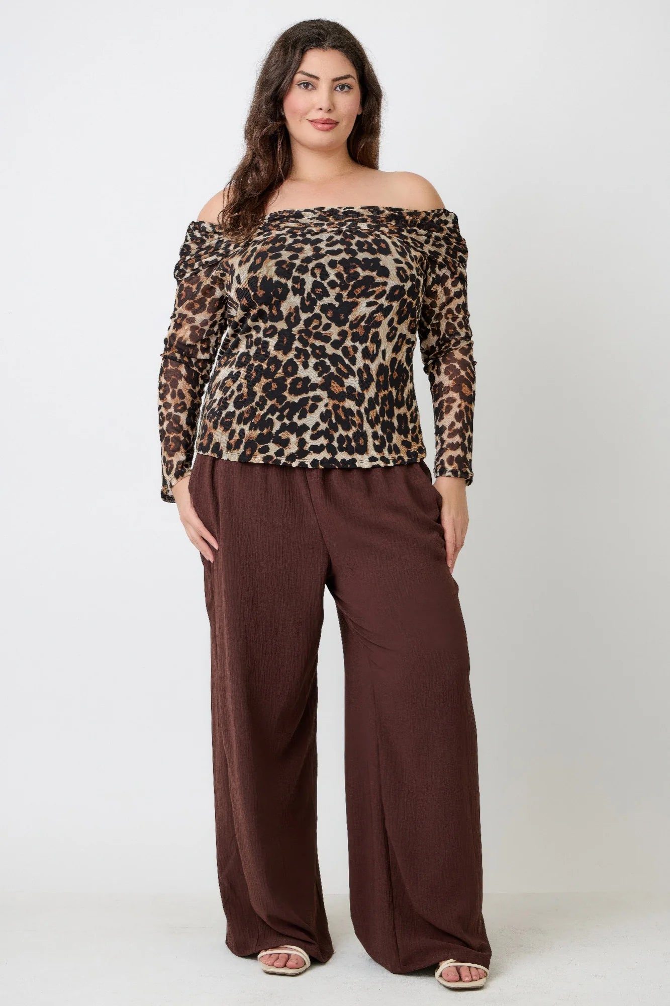 Plus Size Leopard Print Off-the-shoulder Blouse. Ruched Neckline Long Sleeve Mesh Fabric Curve Style in Denver, Colorado USA.