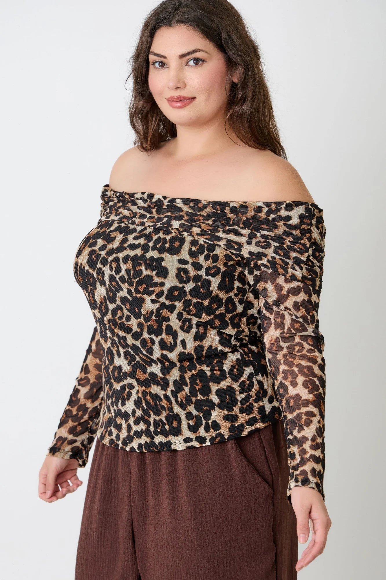 Plus Size Leopard Print Off-the-shoulder Blouse. Long Sleeve Mesh Fabric Animal Pattern Curve Fit in Denver, Colorado USA.