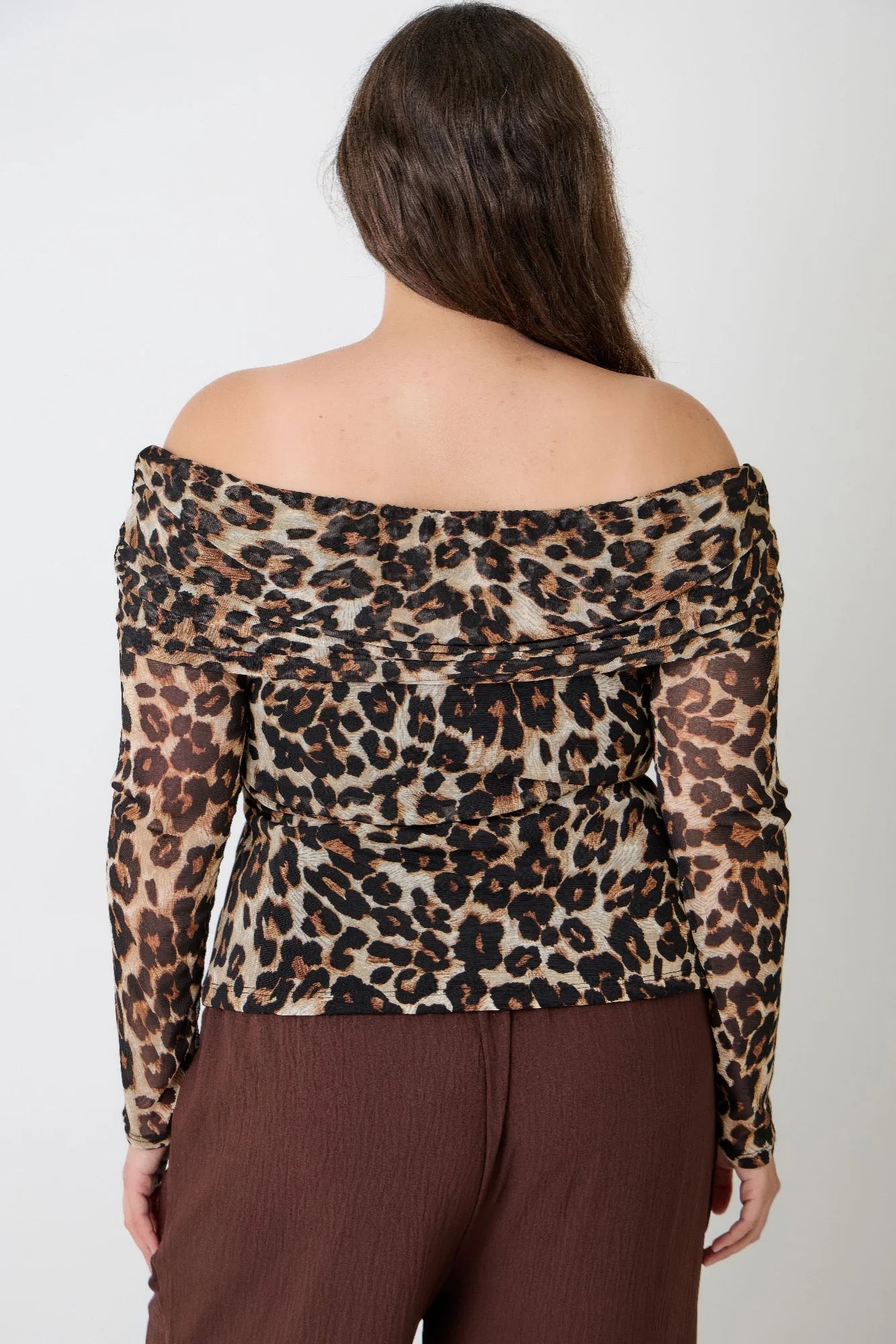 Plus Size Leopard Print Off-the-shoulder Blouse. Long Sleeve Ruched Shoulder Curve Friendly Animal Spot in Denver, Colorado USA.