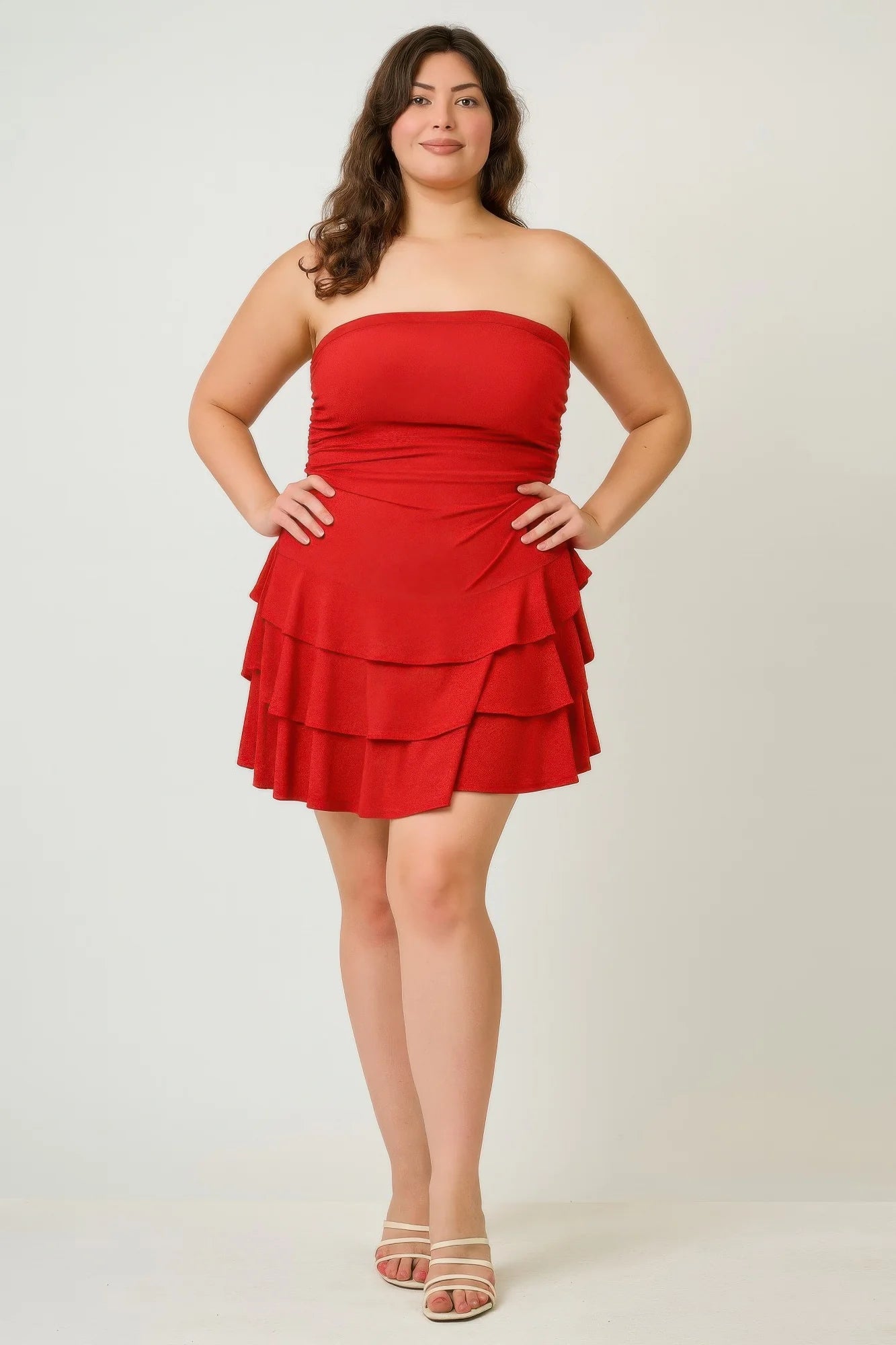 Plus Size Strapless Tiered Ruffle Dress. Red Mini Party Wear Curve Fit Holiday Outfit in Denver, Colorado USA