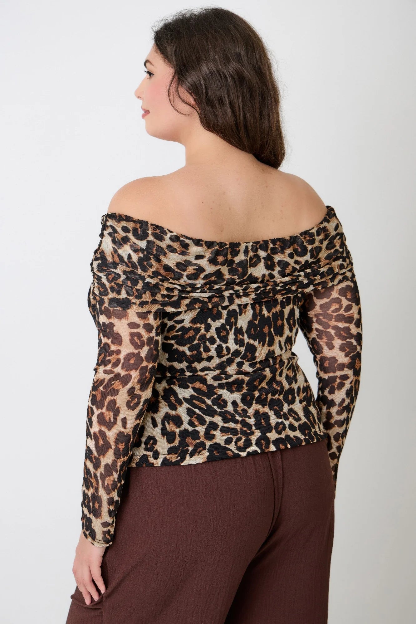 Plus Size Leopard Print Off-the-shoulder Blouse. Sheer Mesh Ruched Style Long Sleeve Curve Fit in Denver, Colorado USA.