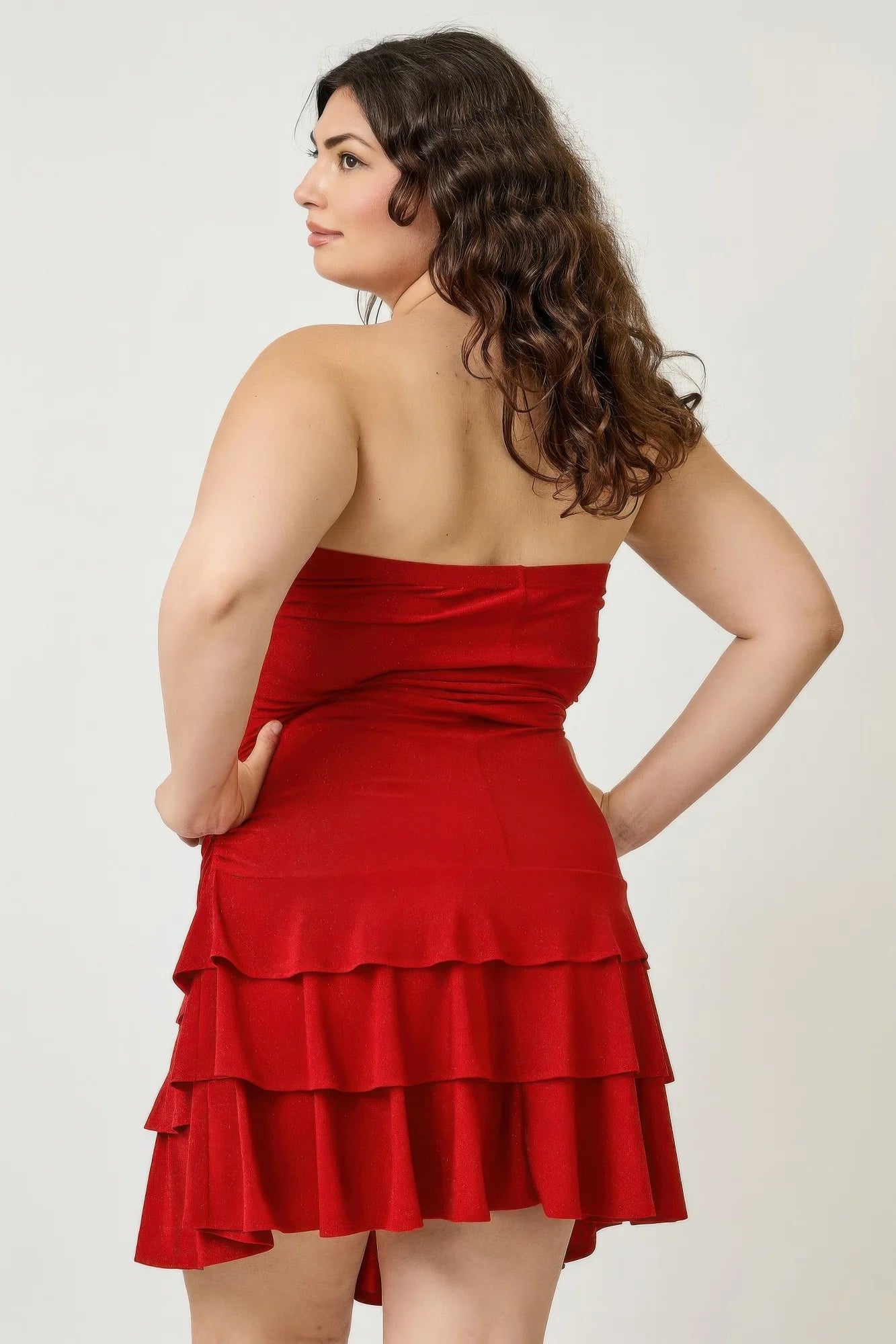 Plus Size Strapless Tiered Ruffle Dress. Red Mini Dress Strapless Neckline Party Wear Tiered Skirt in Denver, Colorado USA.