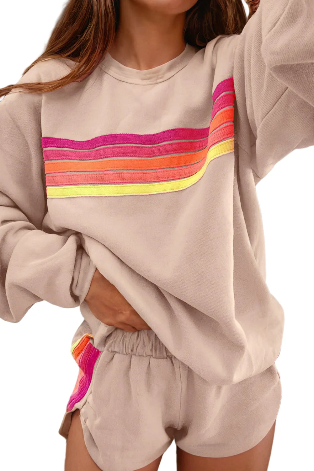 Comfortable Loungewear. Rainbow Stripes Sweatshirt Cozy Shorts Two-Piece Set in Denver, Colorado USA.