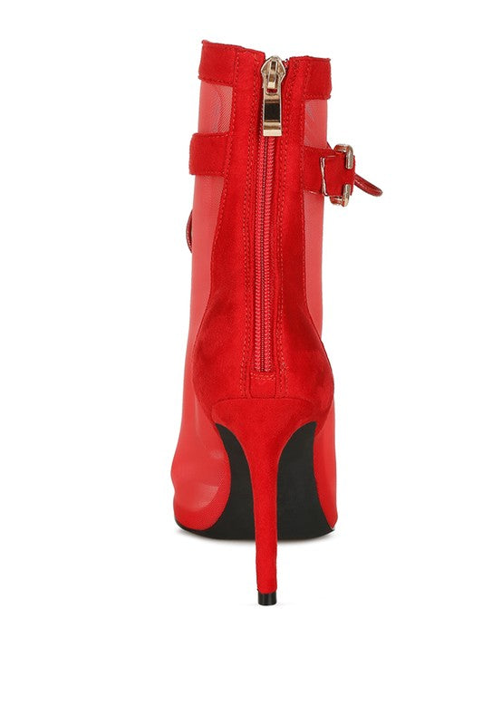 A straight-on rear view of the red mesh stiletto bootie, showing the long gold back zipper, the microfiber heel panel, the adjustable ankle strap with a gold buckle, and the slender stiletto heel. Available from CO-Wear in Denver, Colorado USA.