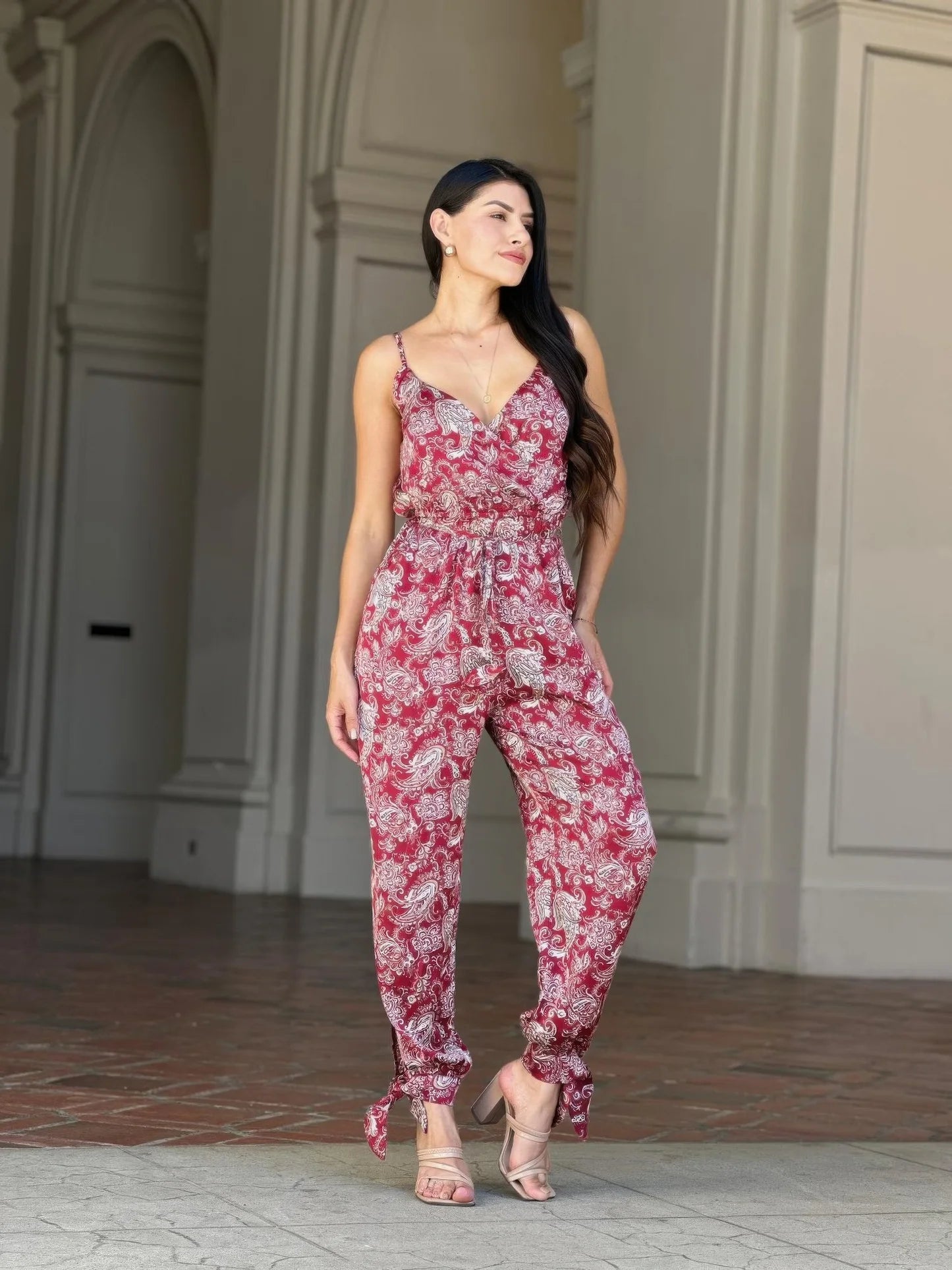V Neck Sleeveless Paisley Jumpsuit With Tie Waist (Red). Tie Cuff Wide Leg Summer Casual Bohemian Vibe in Denver, Colorado USA.