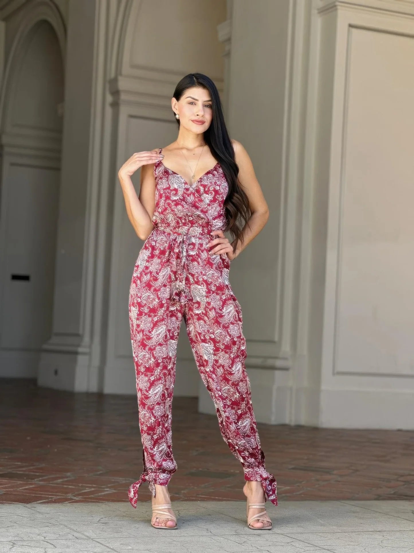 V Neck Sleeveless Paisley Jumpsuit With Tie Waist (Red). Bold Color Vacation Wear Spaghetti Straps Comfortable Fit in Denver, Colorado USA.