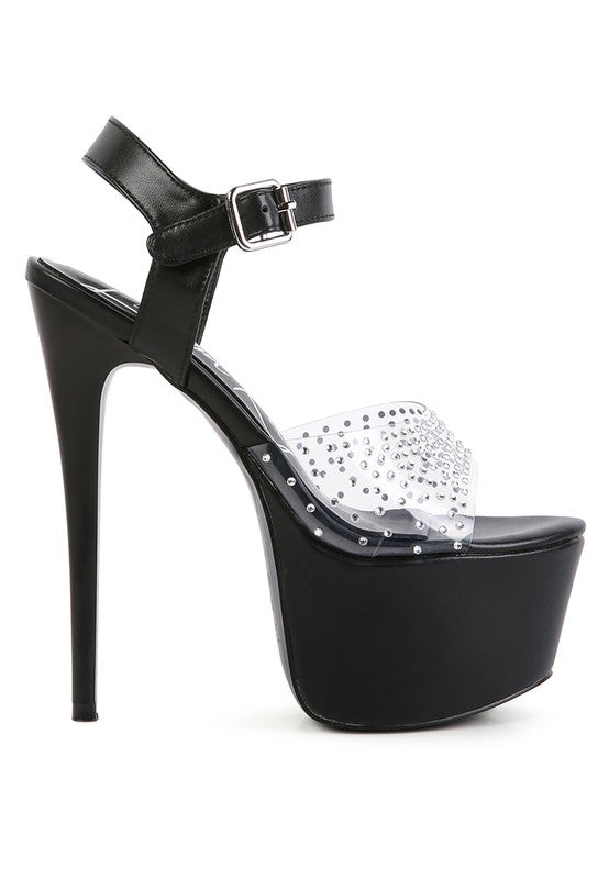 first date sandal, ultra high heel, clear strap, black faux leather, stiletto heel, ankle buckle, high platform, rhinestone studded