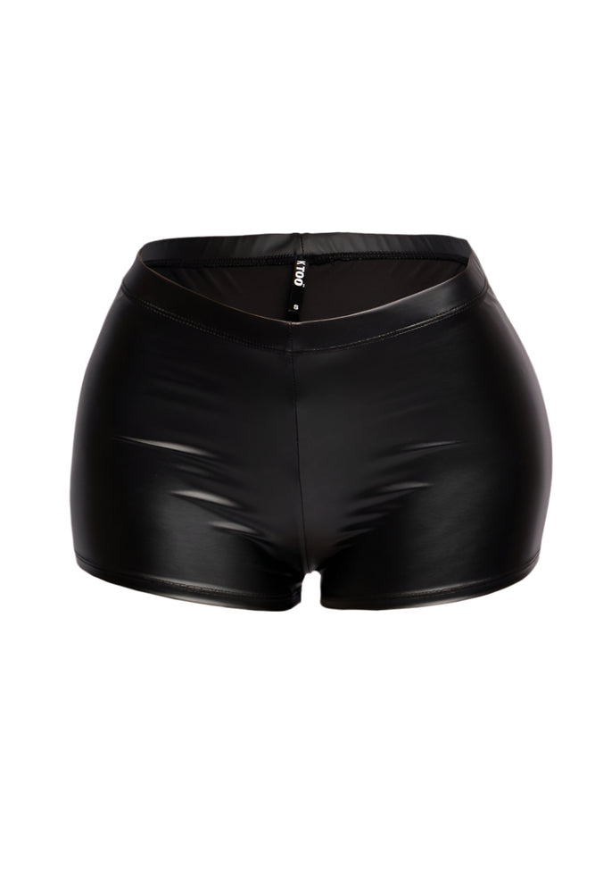 A pair of black, high-waisted shorts with a matte, possibly faux leather or wet-look finish, is displayed against a white background. The shorts appear to be made of a stretchy material, conforming to the shape of the hips.