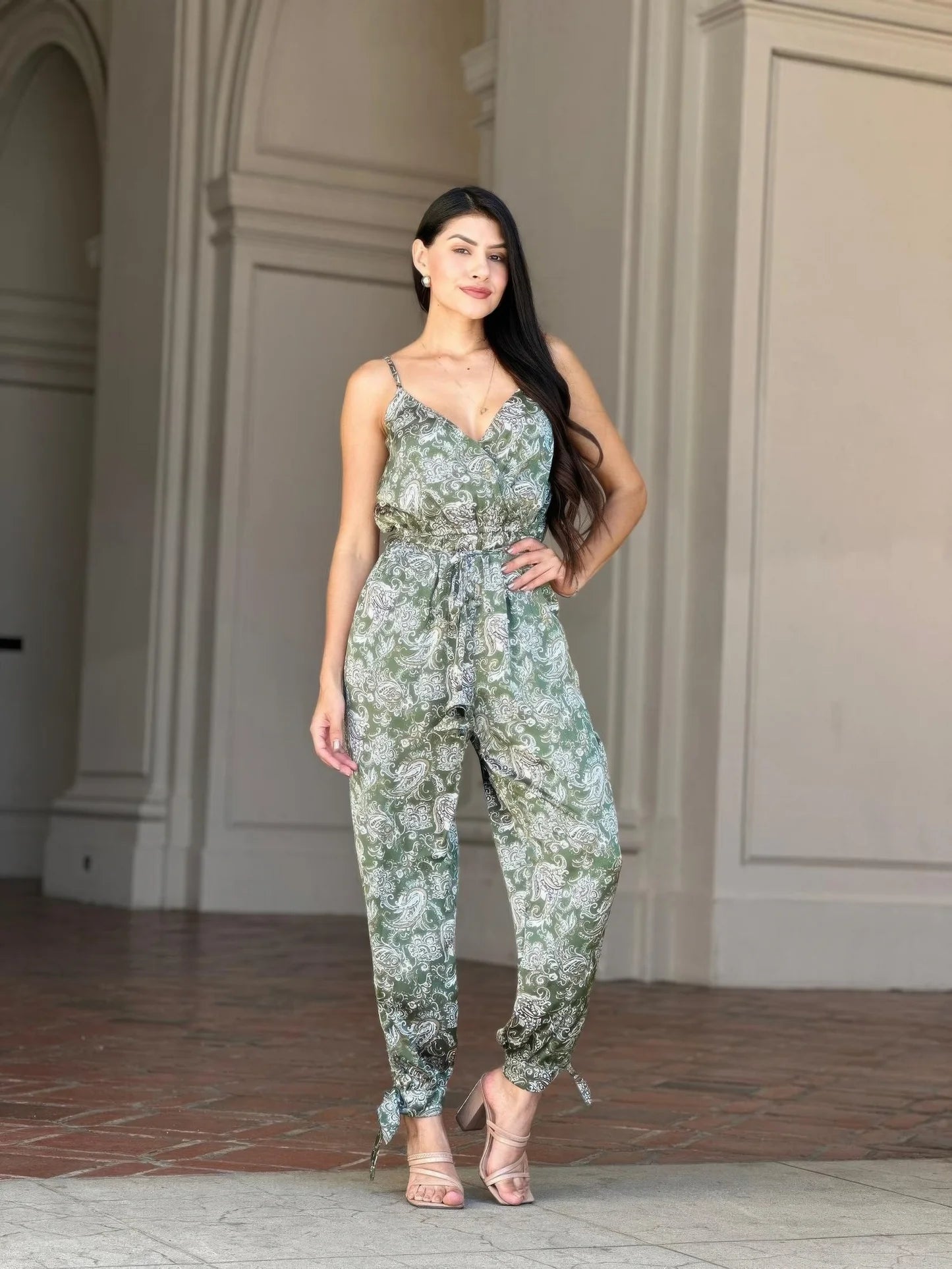 V Neck Sleeveless Paisley Jumpsuit With Tie Waist (Green). Ankle Tie Flowy Fabric Summer Fashion Bohemian Vibe in Denver, Colorado USA.