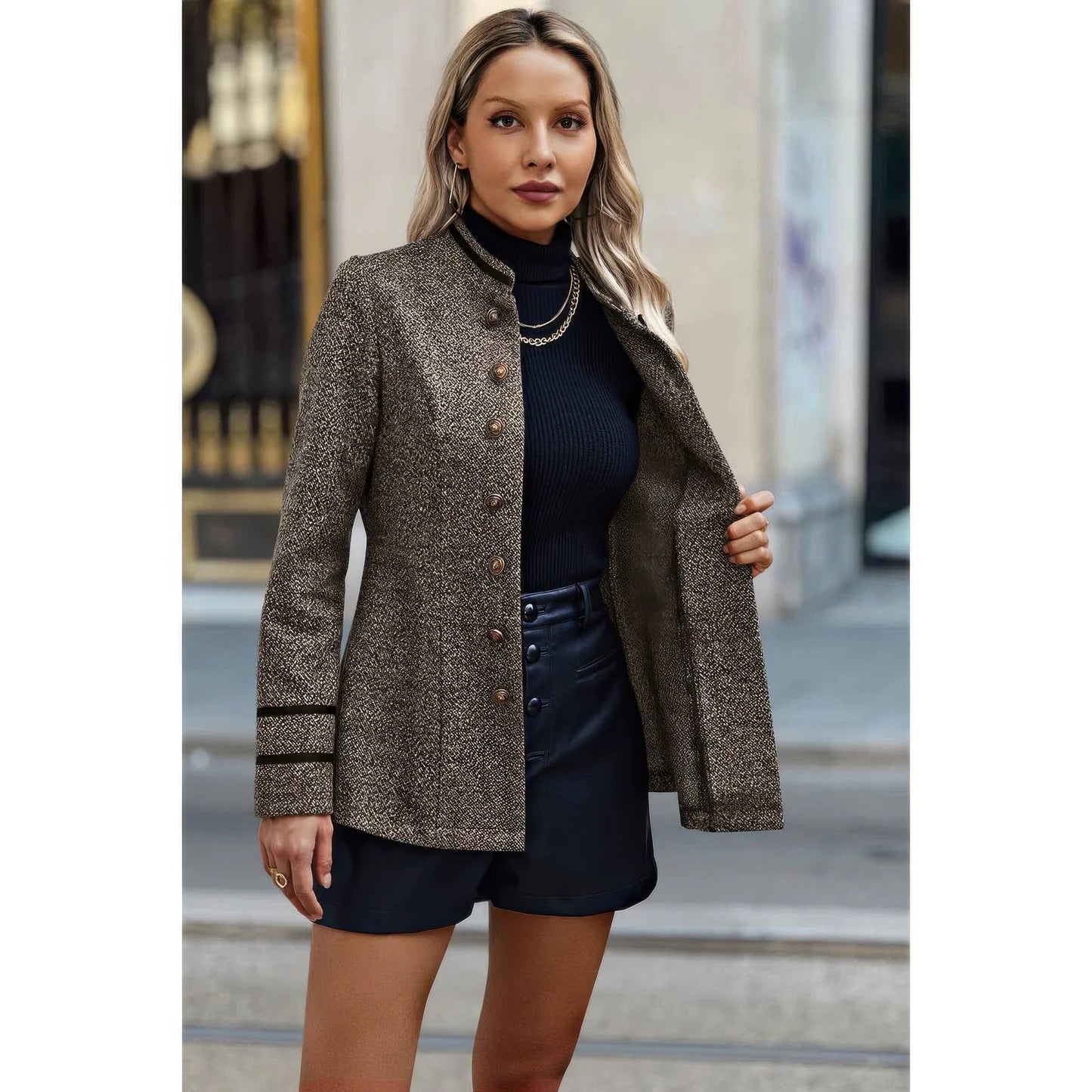 Solid Decorative Button Stand Collar Jacket. Sophisticated Outerwear Tailored Fit Gold Buttons Structured Shoulders in Denver, Colorado USA.