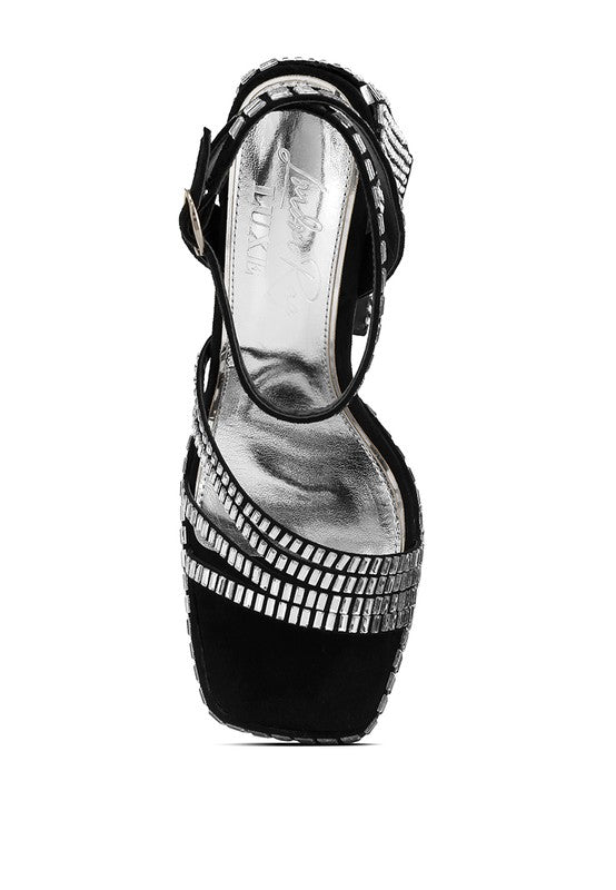 A top-down view of the black platform sandal, highlighting the open square toe and the dense square mirror embellishments lining the wide toe straps and thick platform edge. Available from CO-Wear in Denver, Colorado USA.