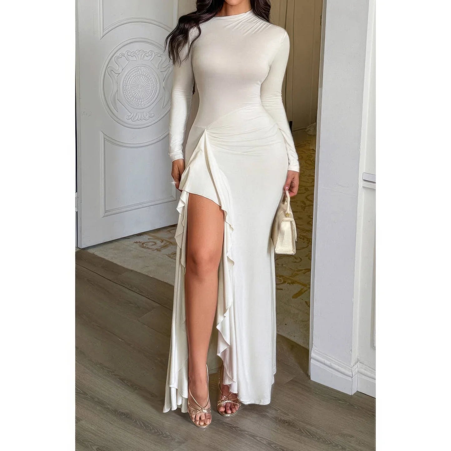 Curvy Slit Elegant Ruched Long Sleeve Dress (White). Fitted Silhouette High Slit Mock Turtleneck Curvy Style in Denver, Colorado USA.