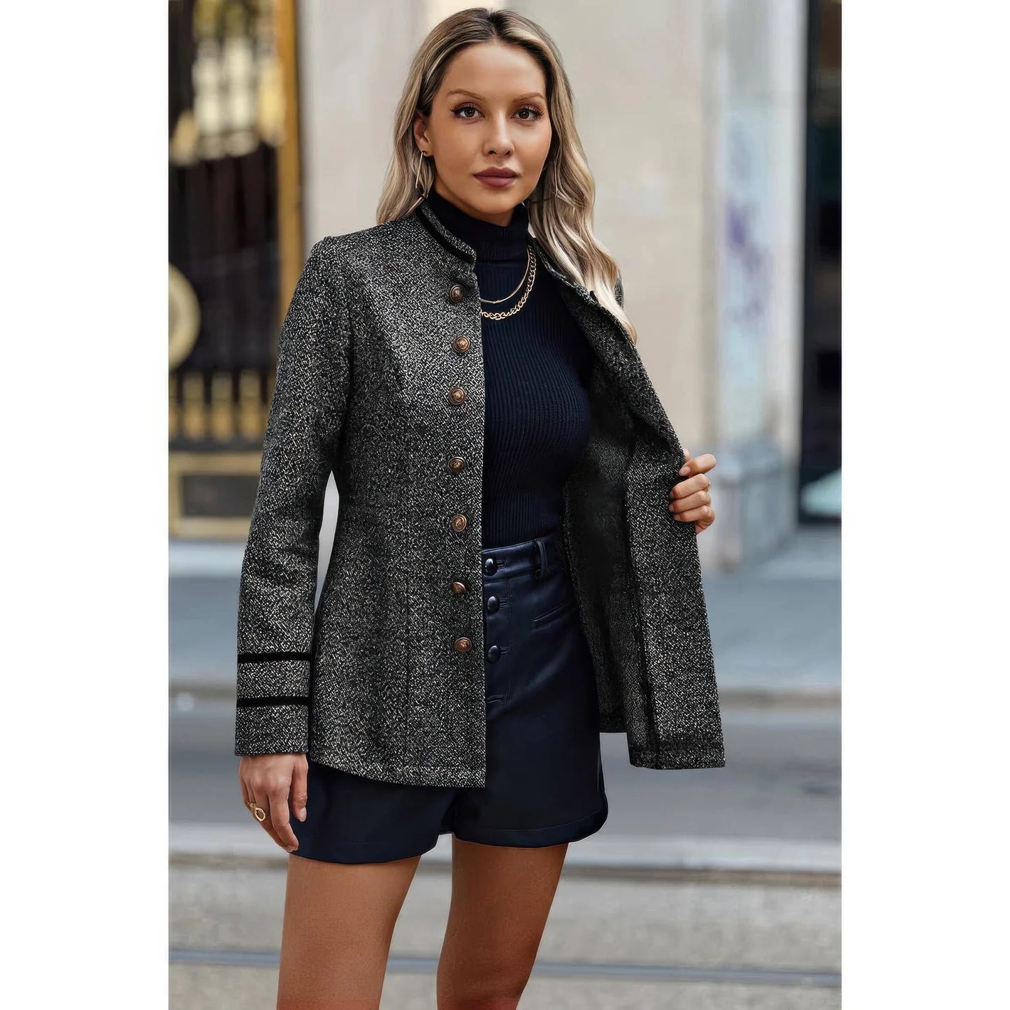 Solid Decorative Button Stand Collar Jacket. Structured Coat Decorative Gold Hardware Statement Piece Fashion Outerwear in Denver, Colorado USA.