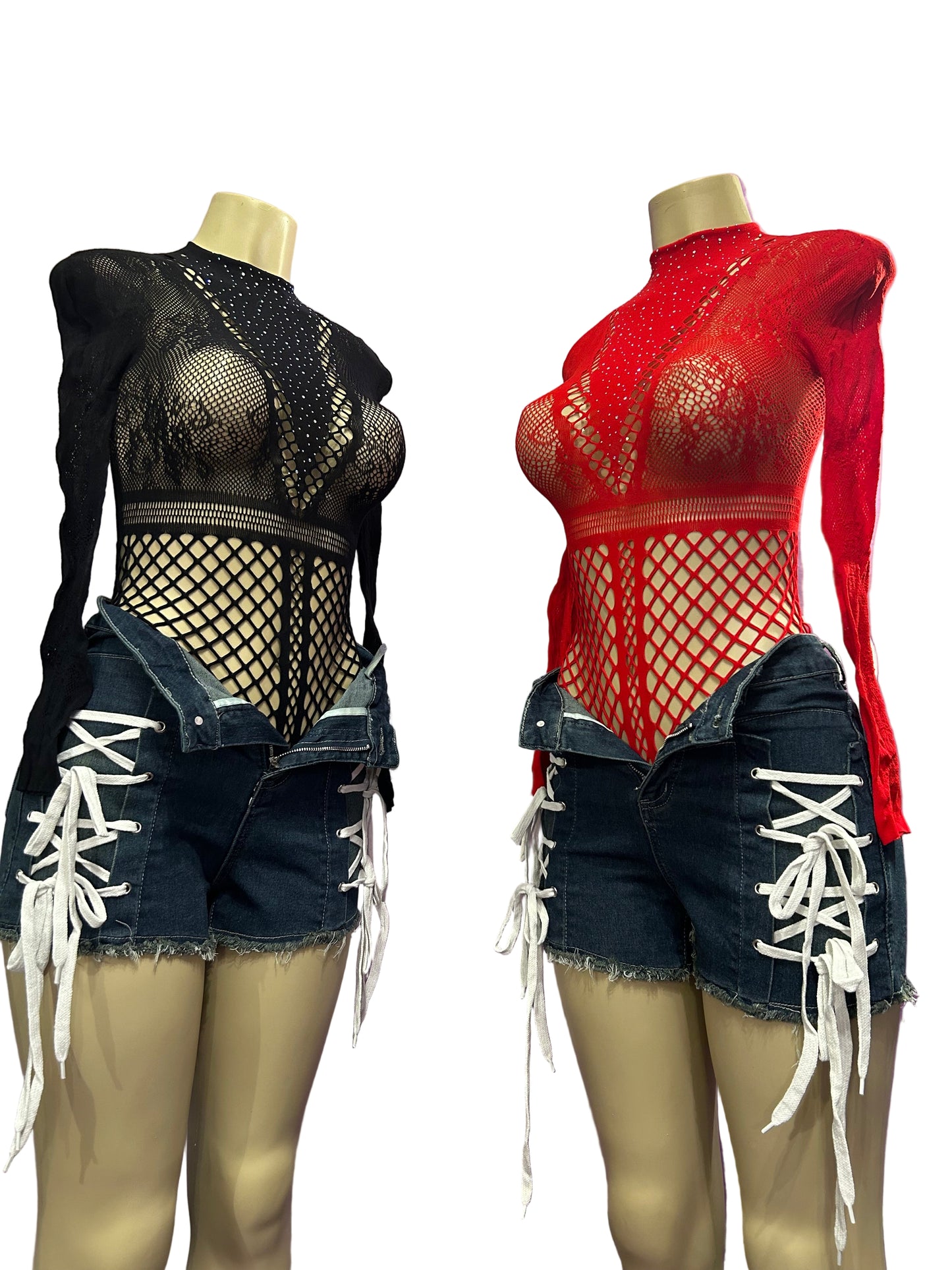 red and black bodysuit with shorts set