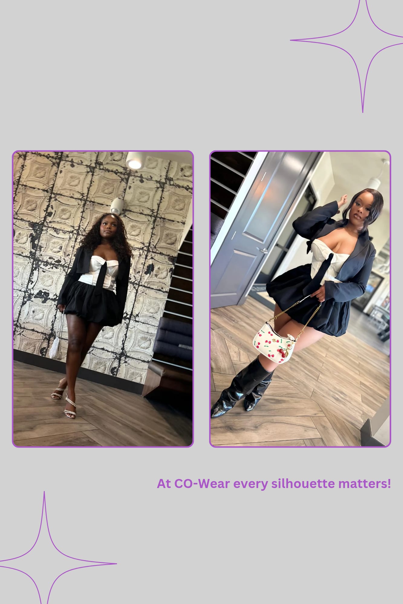 Two women in standard and plus size in stylish outfits with text 'At CO-Wear every silhouette matters!'