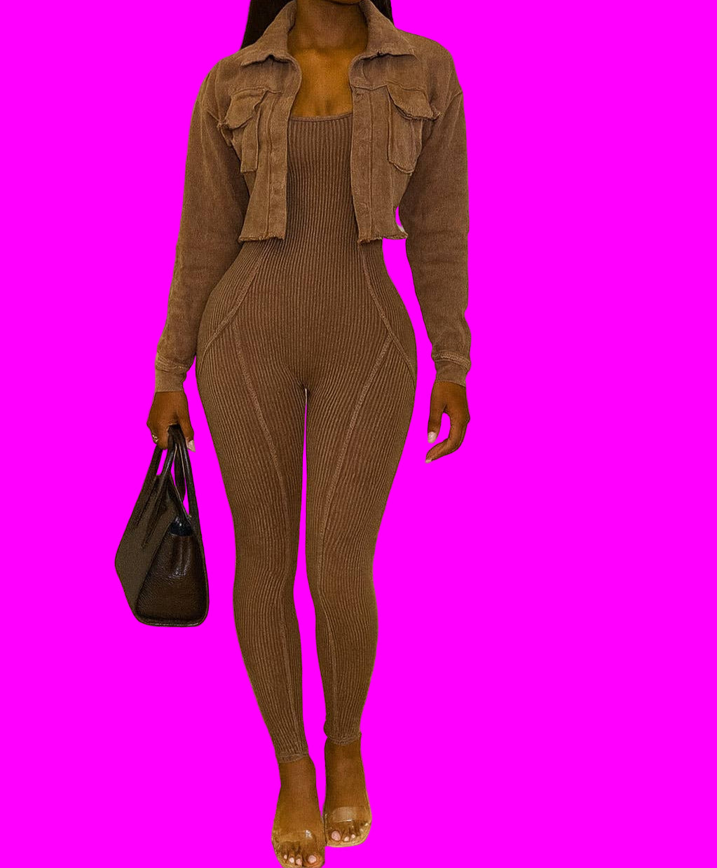 Woman wearing a brown jumpsuit with jacket in a store setting