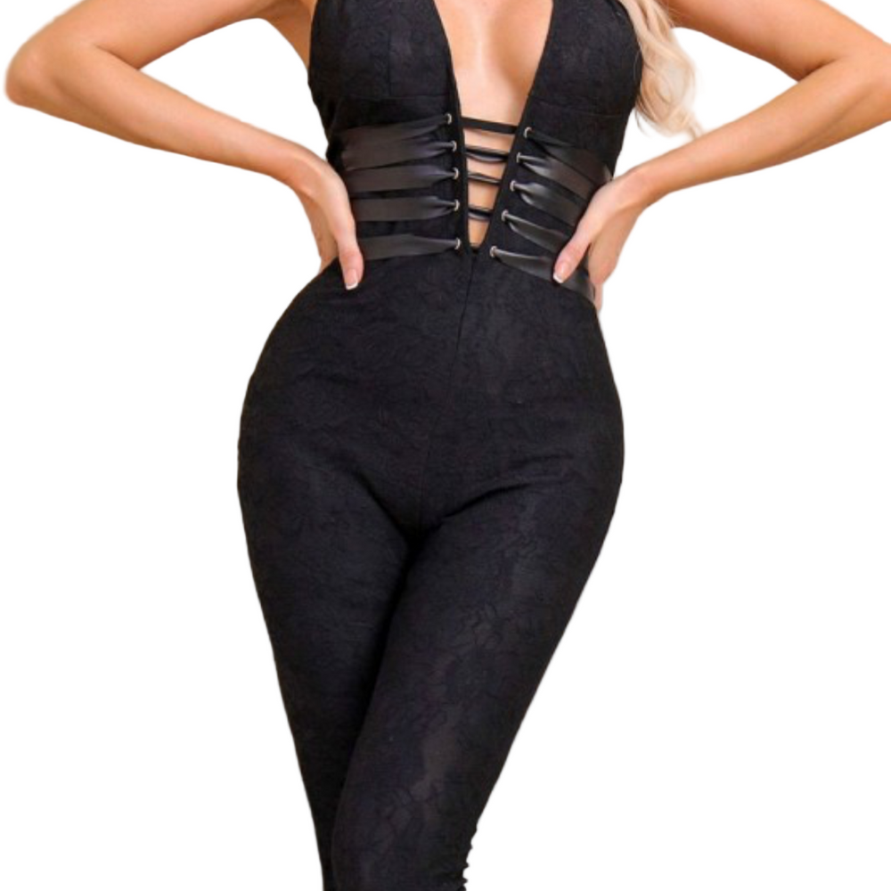 Woman wearing a black lace halter backless jumpsuit with 'Sunny Story' branding.